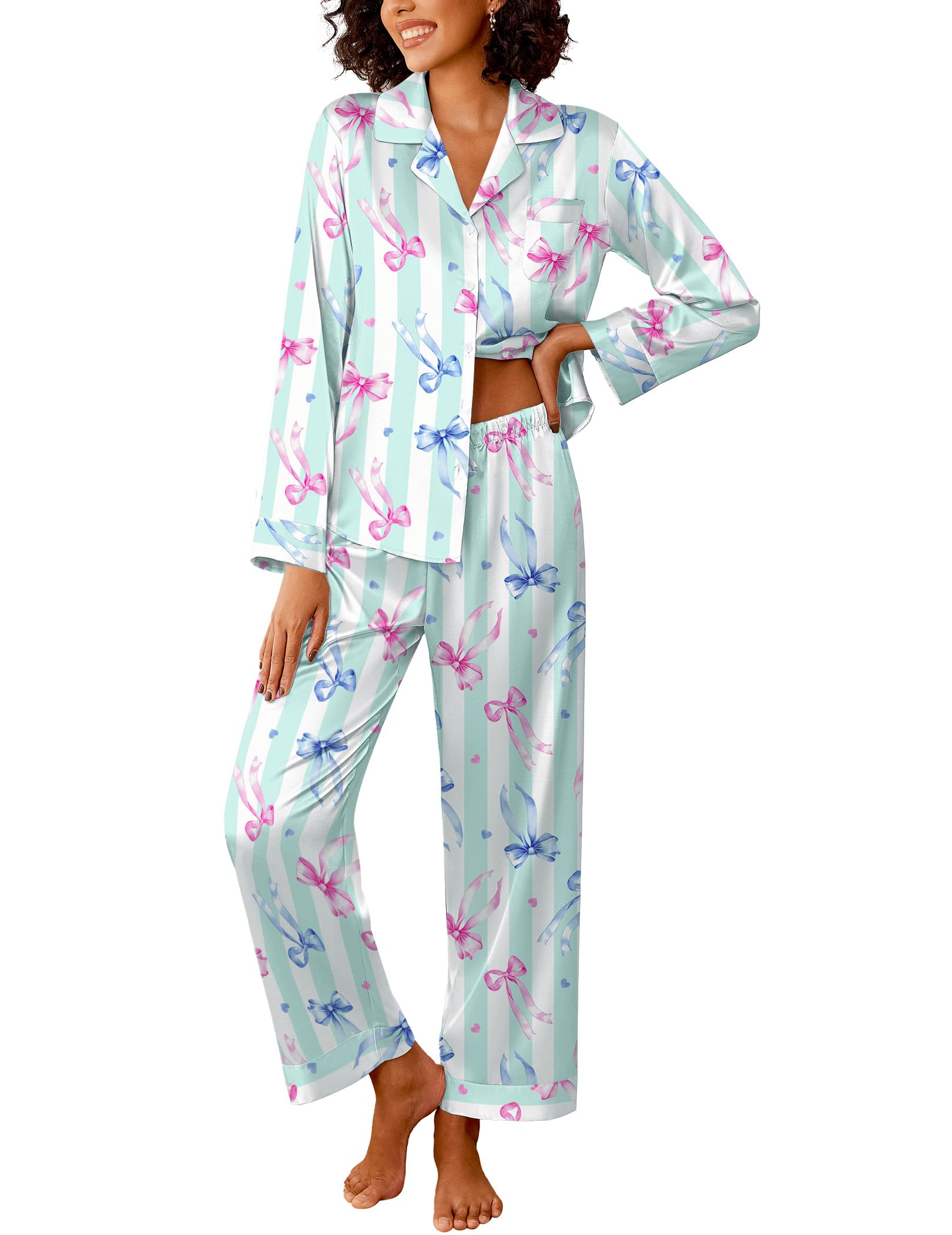 Ekouaer Womens Silk Satin Pajama Sets 2 Piece Pjs Set Stripe Sleepwear