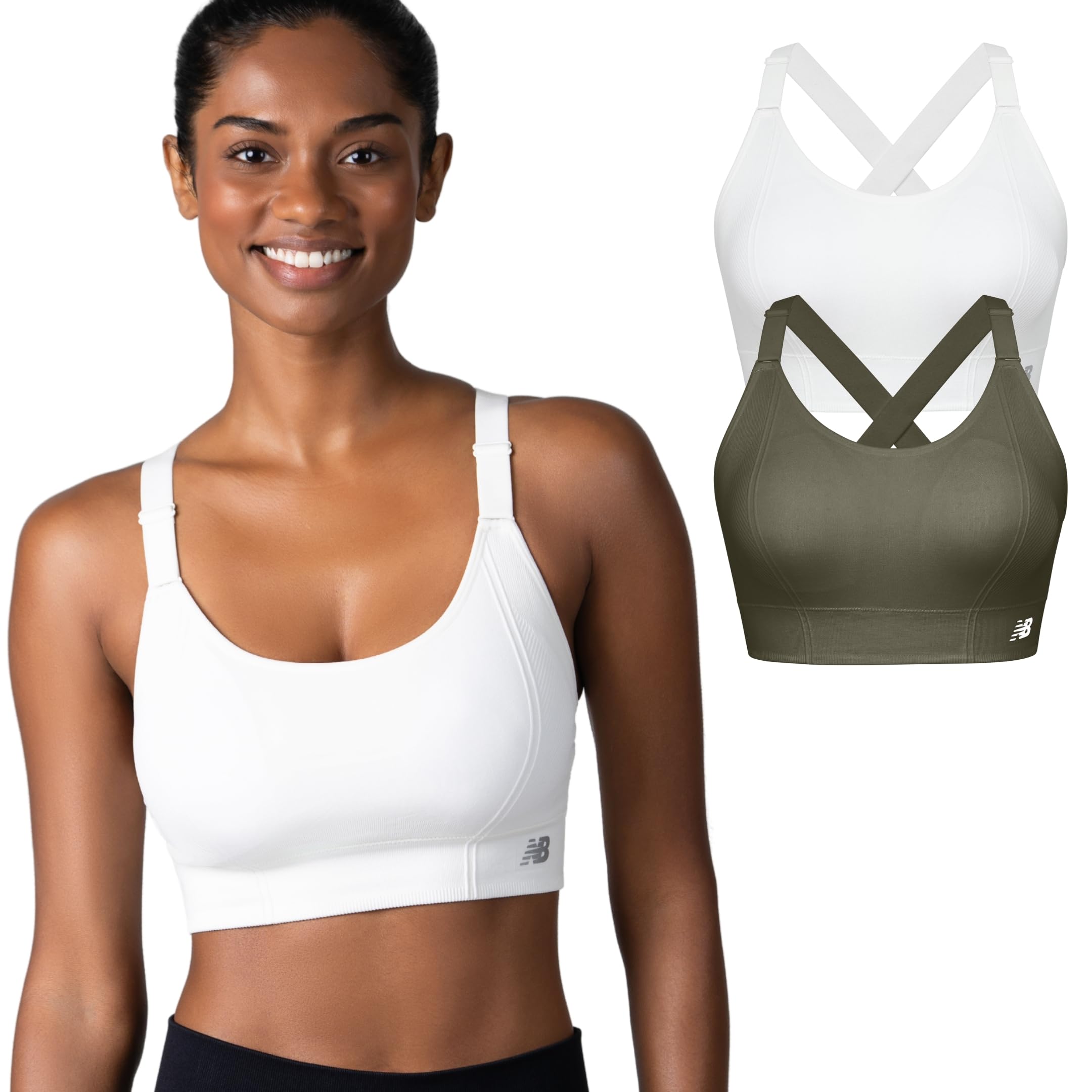 New Balance 2 Pack Sports Bras for Women, Seamless Wirefree Womens Sports Bra with Removable Pads, Athletic Wear for Workout
