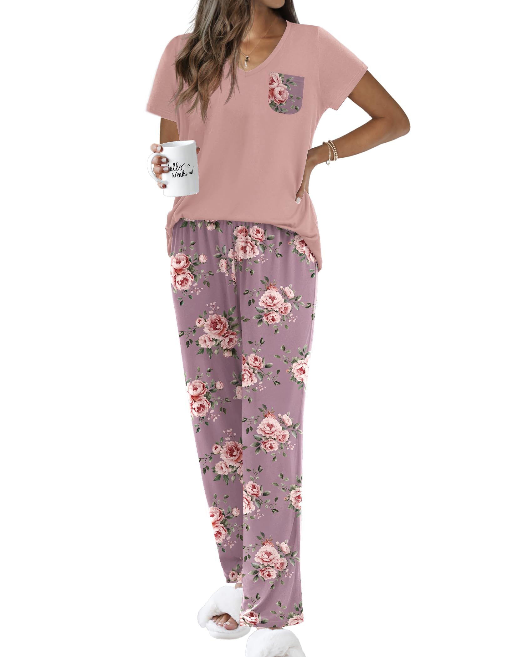 Ekouaer Pajama Sets for Women 2 Piece Short Sleeve Pj V Neck Chest Pocket