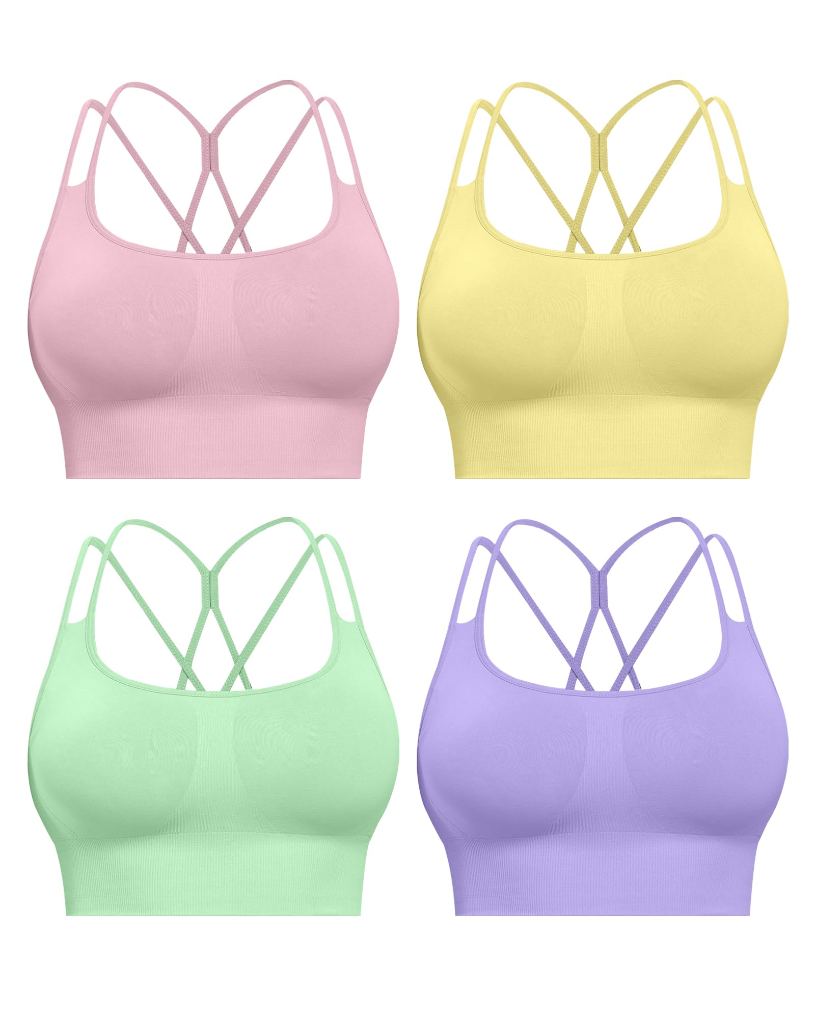 CHRLEISURE Sports Bras for Women, 4 Packs Padded High Support Workout Yoga Seamless Criss-Cross Racerback Bras
