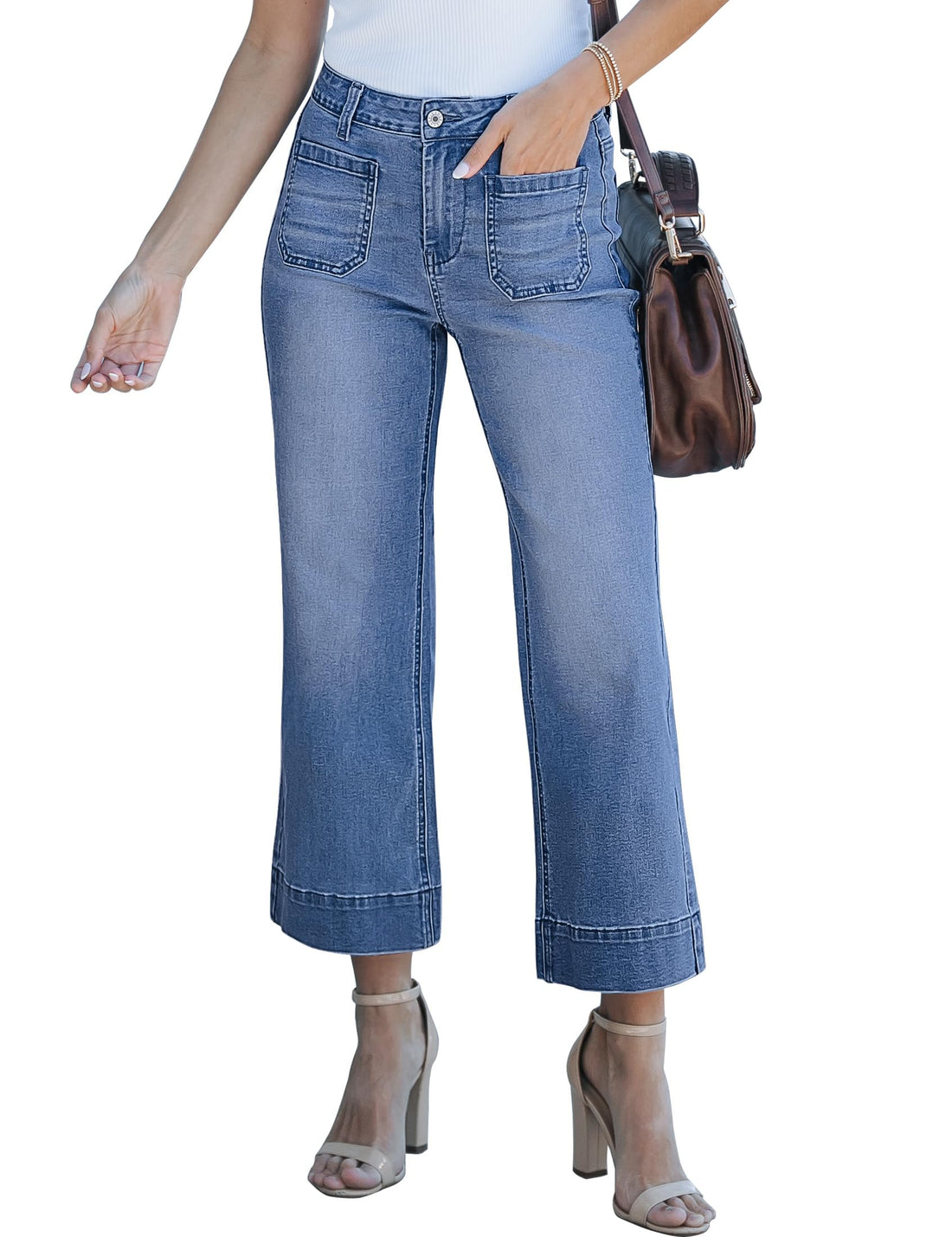 luvamia Wide Leg Jeans for Women Trendy High Waisted Flare Jeans Cropped Denim Pants Stretchy Baggy with Patch Pockets