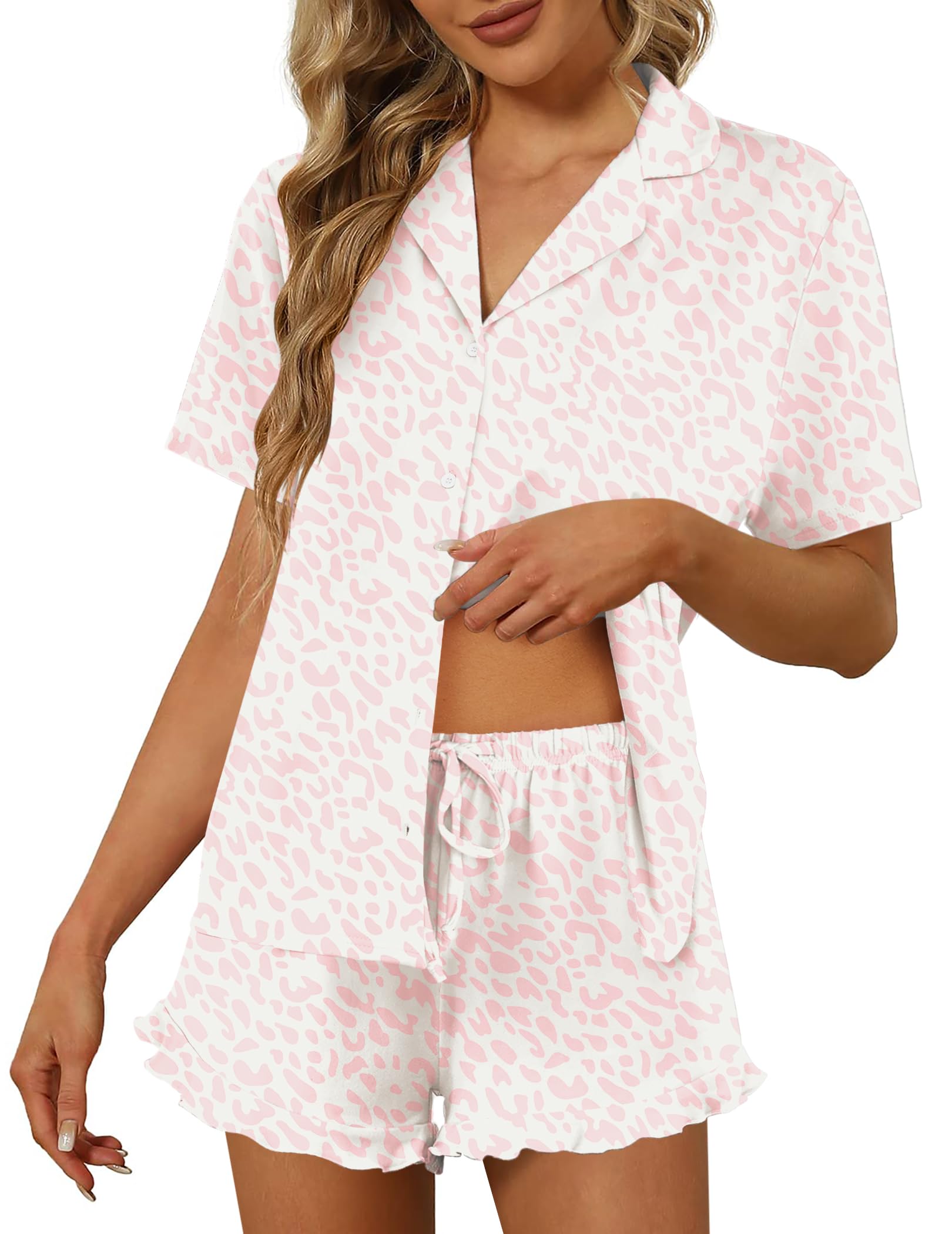 Ekouaer Pajamas Set for Women Short Sleeve Sleepwear Button Down Ruffle Pjs