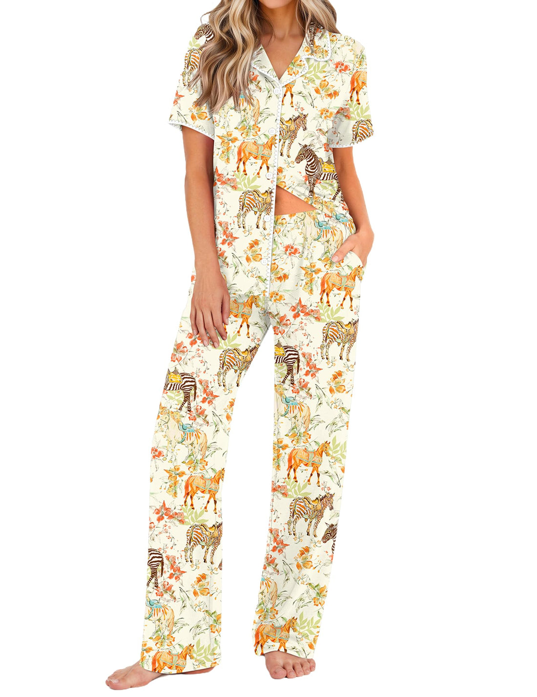 Ekouaer Womens Pajamas Set Button Down Loungewear Short Sleeve Pants Pjs