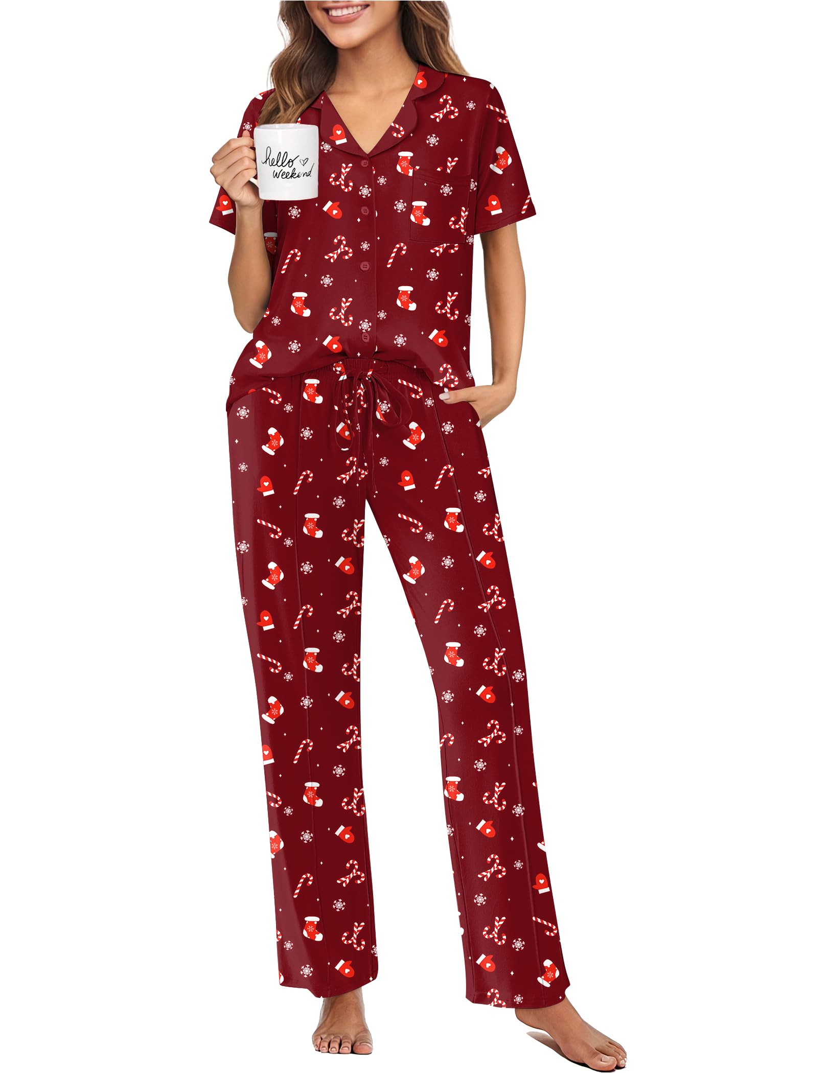 Ekouaer Pajamas for Women Set Button Up Short Sleeve Pjs Sets With Pockets