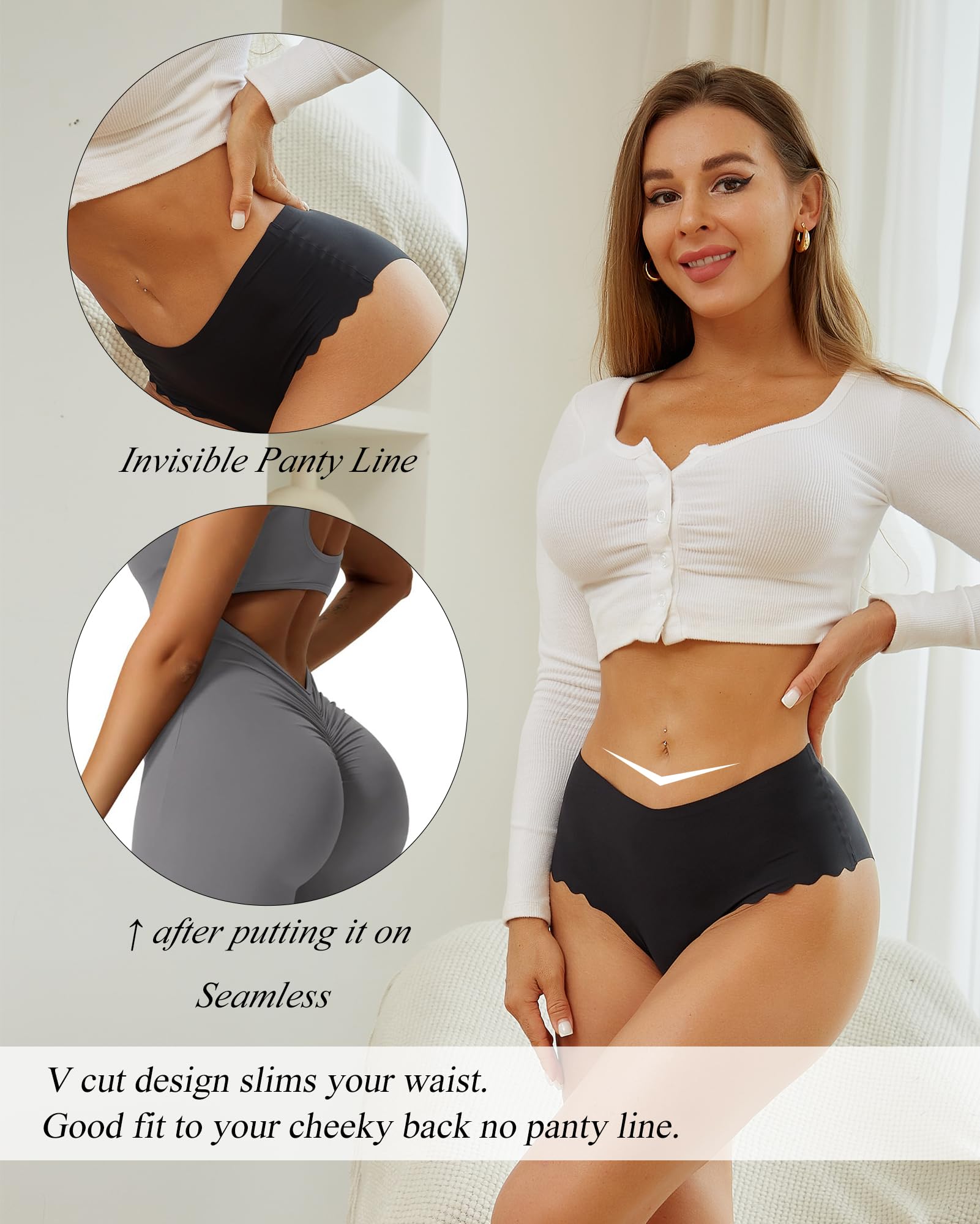 Sth Big High Waisted Seamless Underwear for Women No Show Panties Cheeky Scalloped Edge Bikini Breathable Briefs 6 Pack