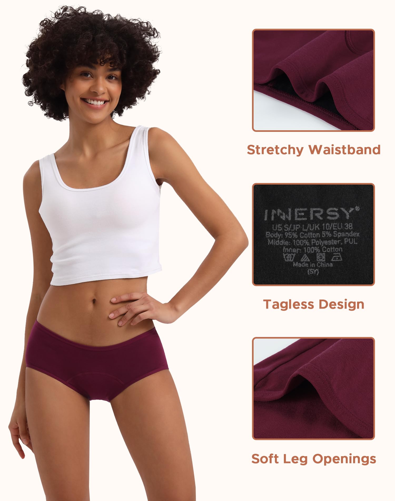 INNERSY Period Underwear for Women Teens Leak-Proof Menstrual Cotton Protective Hipster Panties 3-Pack