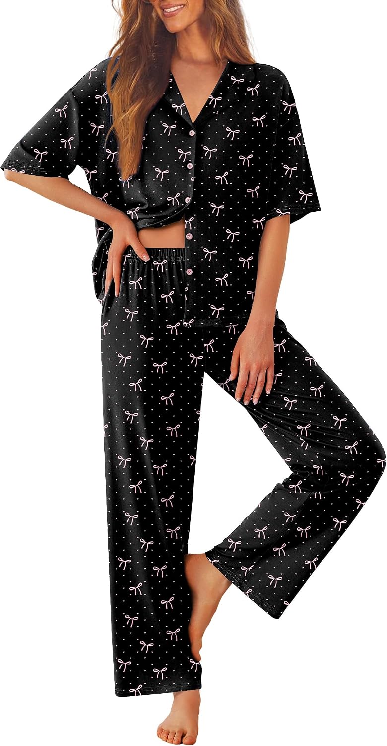 Ekouaer Women Pajamas Set Button Down Sleepwear Short Sleeve Pjs Long Pants