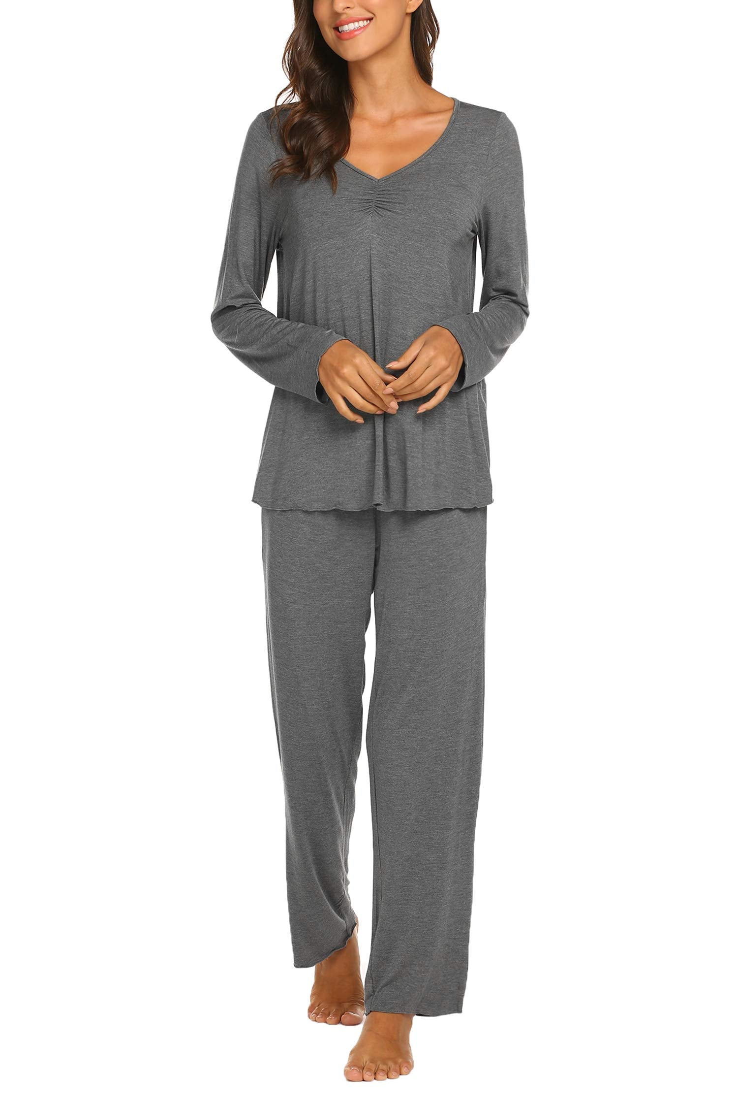 Ekouaer Pajamas for Women Set Long Sleeve Pleated Top and Pants Loungewear