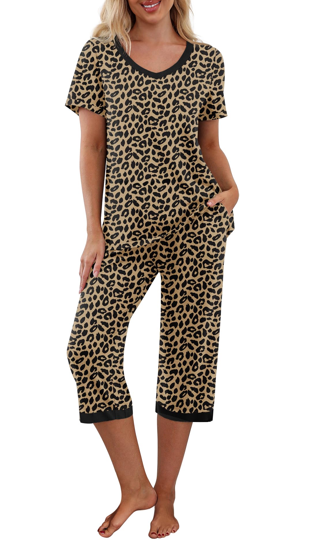 PrinStory Womens Pajama Sets Capri Pjs Soft Lounge Sets S-4XL