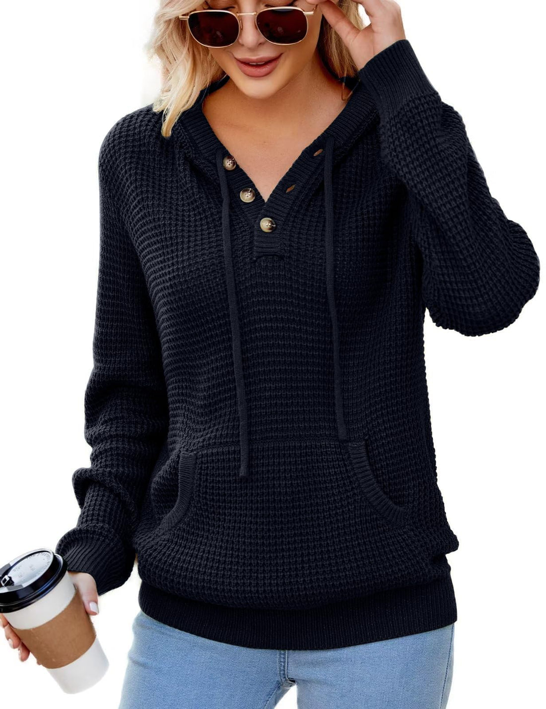 CiCiBird Women's Fall Hoodies Sweater V Neck Waffle Knit Top with Pocket | Loose Fit, V Neck Button, Adjustable Drawstring, Long Sleeve, Kangaroo Pocket, Weekend Errands, Daily Wear, Work Casual