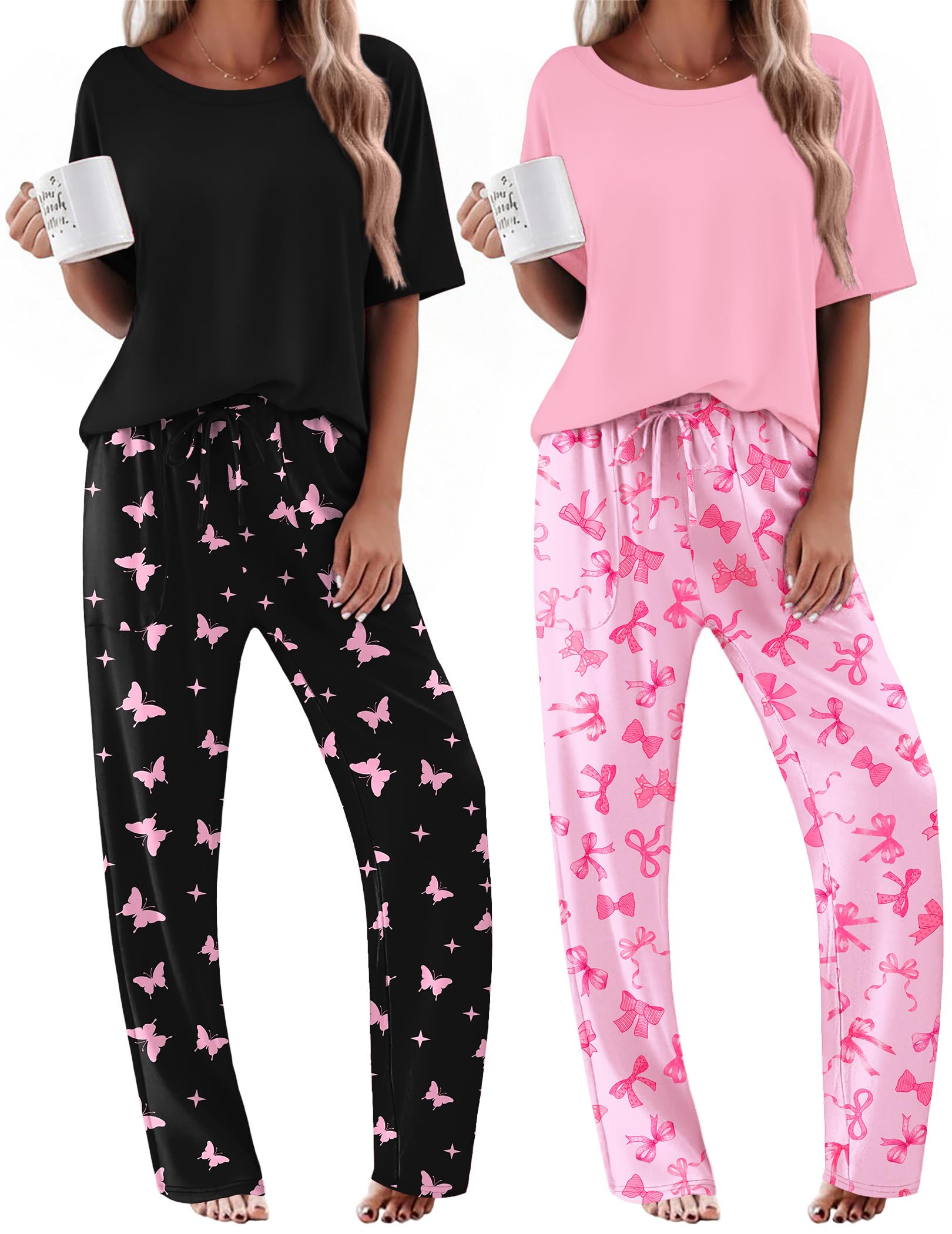 Ekouaer 2 Pack Womens Pajamas Sets Short Sleeve Long Pants Pjs Lounge Set