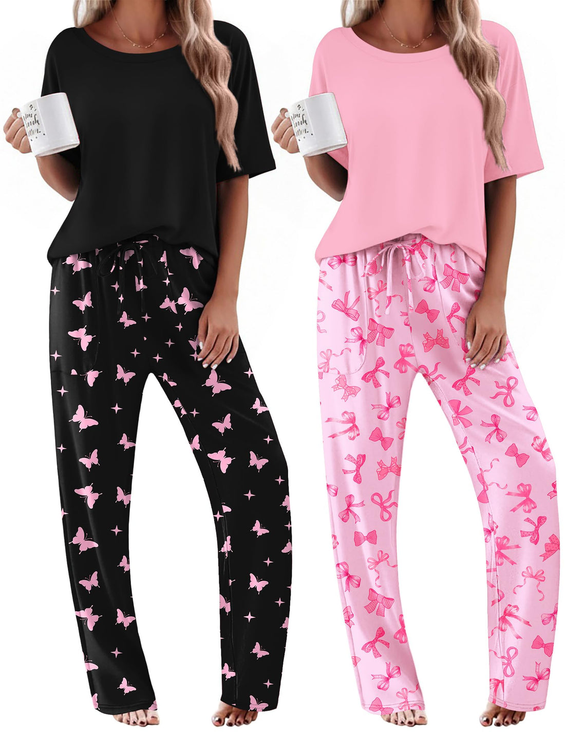 Ekouaer 2 Pack Womens Pajamas Sets Short Sleeve Long Pants Pjs Lounge Set