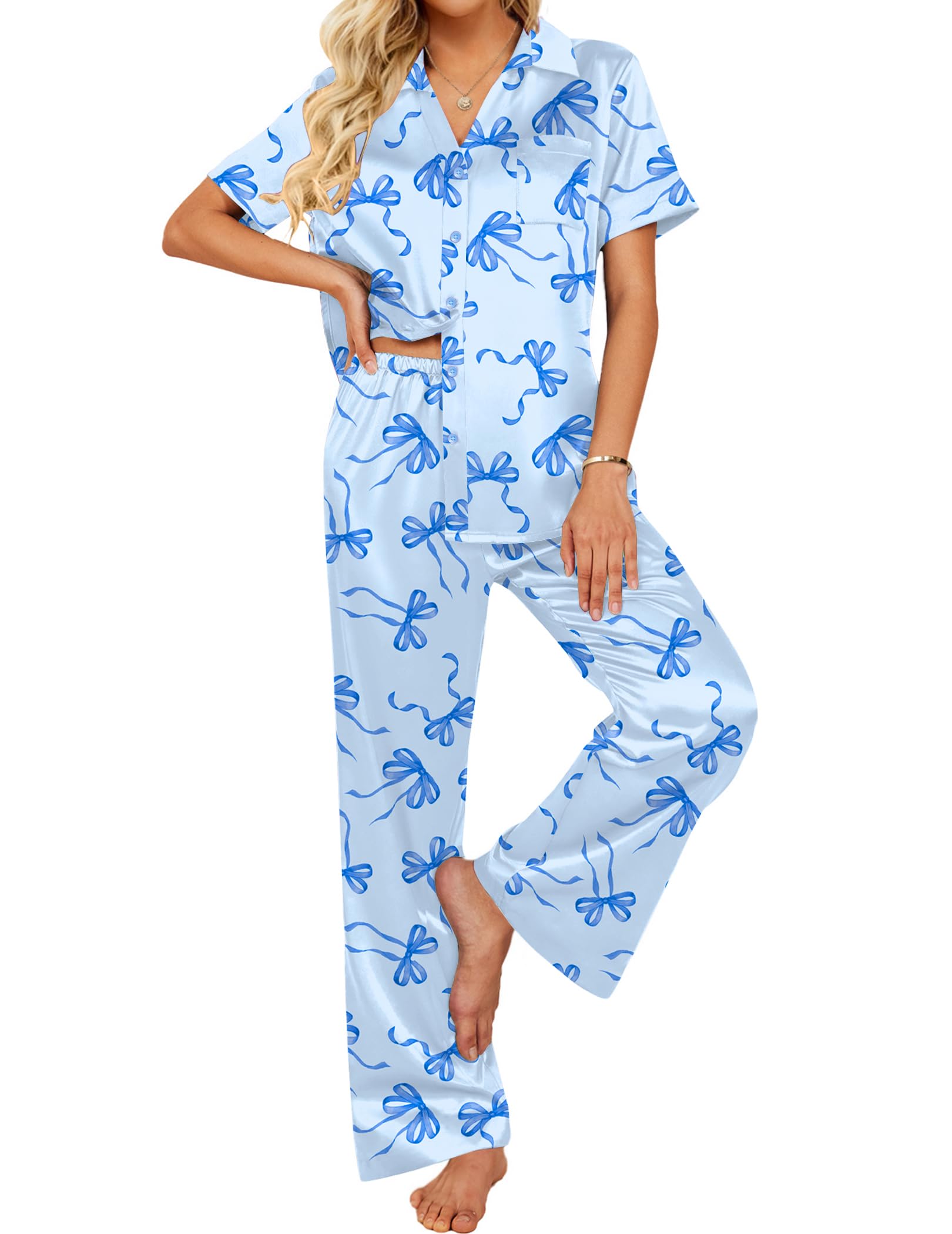 Ekouaer Silk Pajamas for Womens Set 2 Piece Fall Pjs Button Down Sleepwear