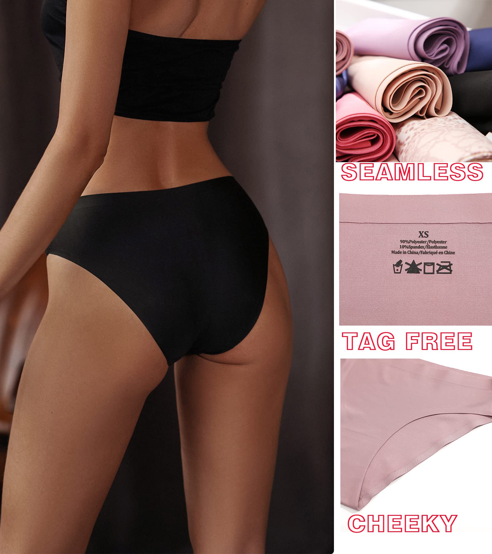 FINETOO 12Pack Womens Seamless Underwear No Show Cheeky Panties Invisibles Briefs Soft Stretch Bikini Hipster XS-XL