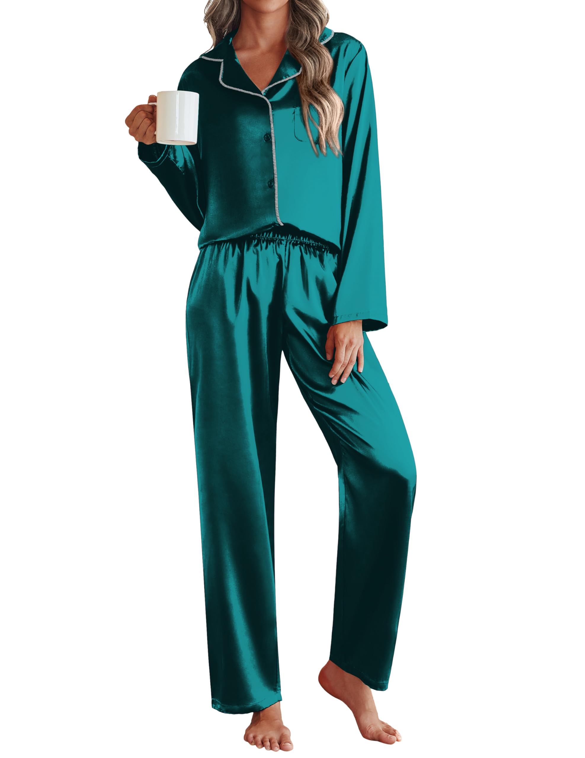Ekouaer Pajamas For Women Silk Pjs Long Sleeve Button Down Lounge Sets