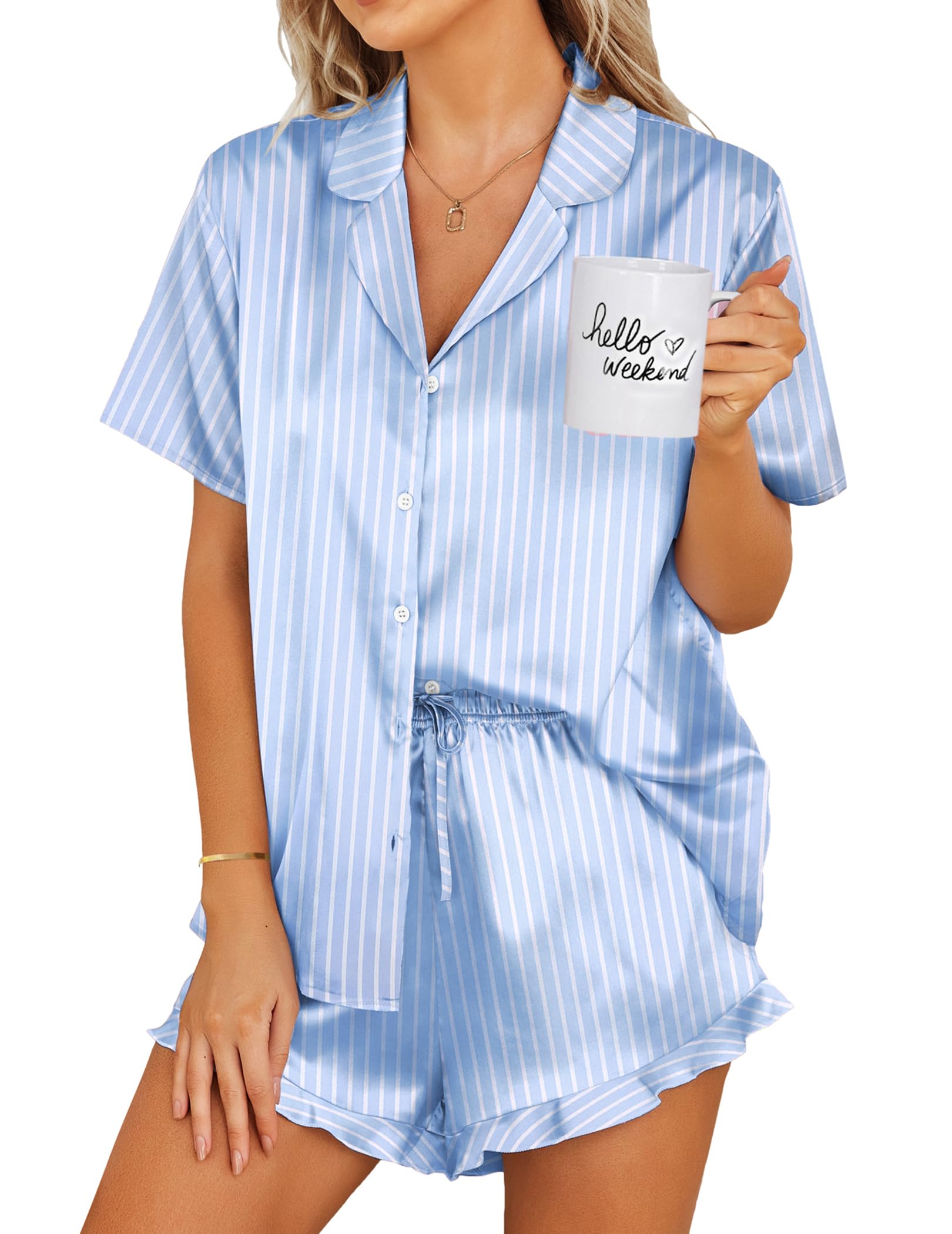 Ekouaer Womens Satin Pajamas Set Button Down 2 Piece Silk Pjs Shorts Set Ruffle Lingerie Notch Collar Sleepwear
