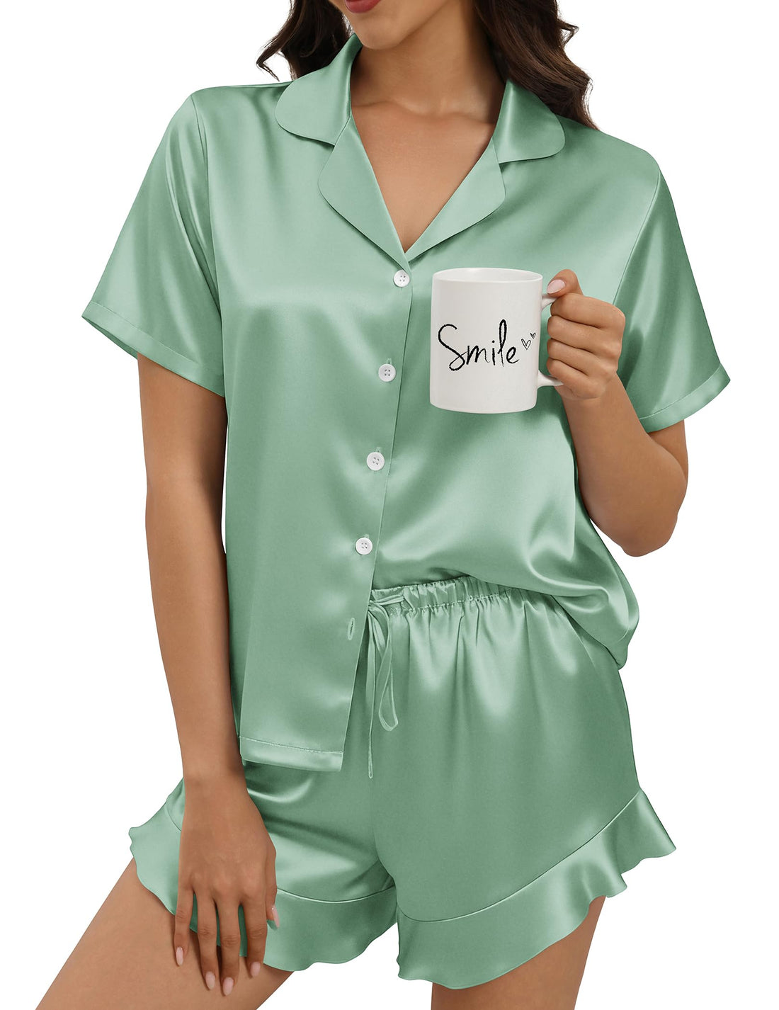 Silk Pajamas for Women Button Down 2 Piece Satin Pjs Shorts Set Ruffle Notch Collar Sleepwear Loungewear
