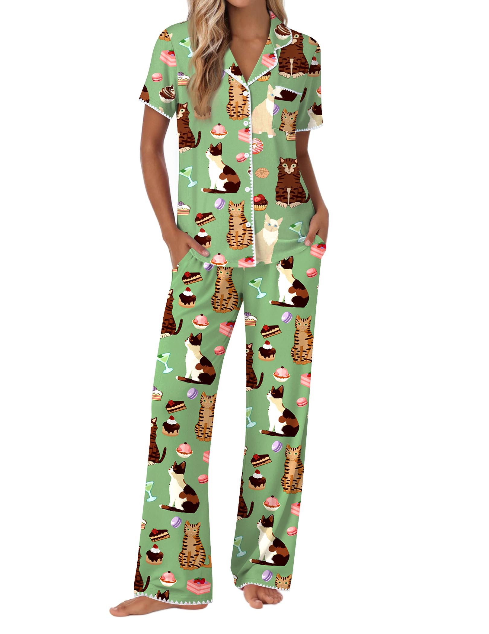 Ekouaer Pajamas for Women Set Button Up Soft Pjs Short Sleeve Lounge Sets
