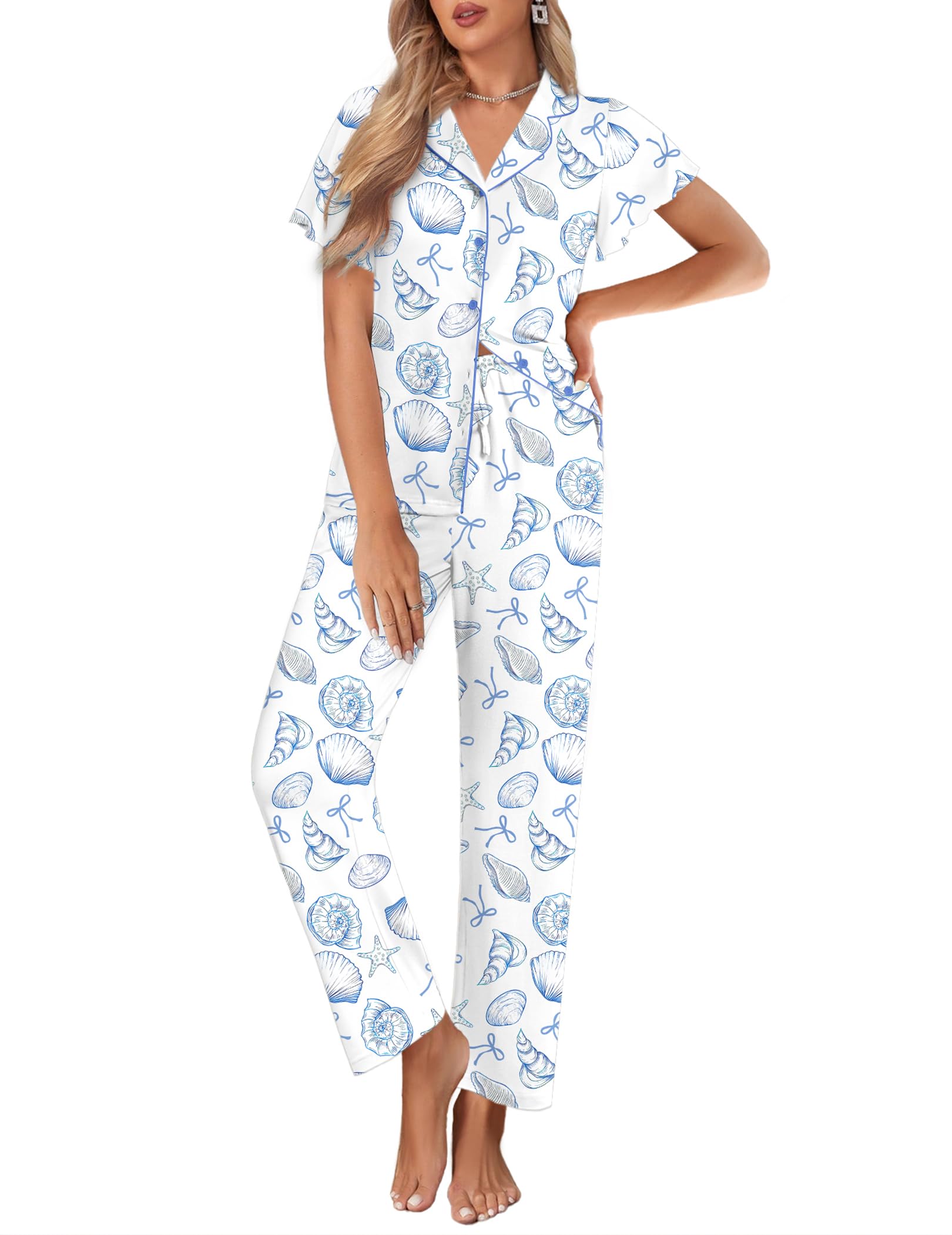 Ekouaer Pajamas for Women Set Ruffle Sleeve Button Up with Long Pants