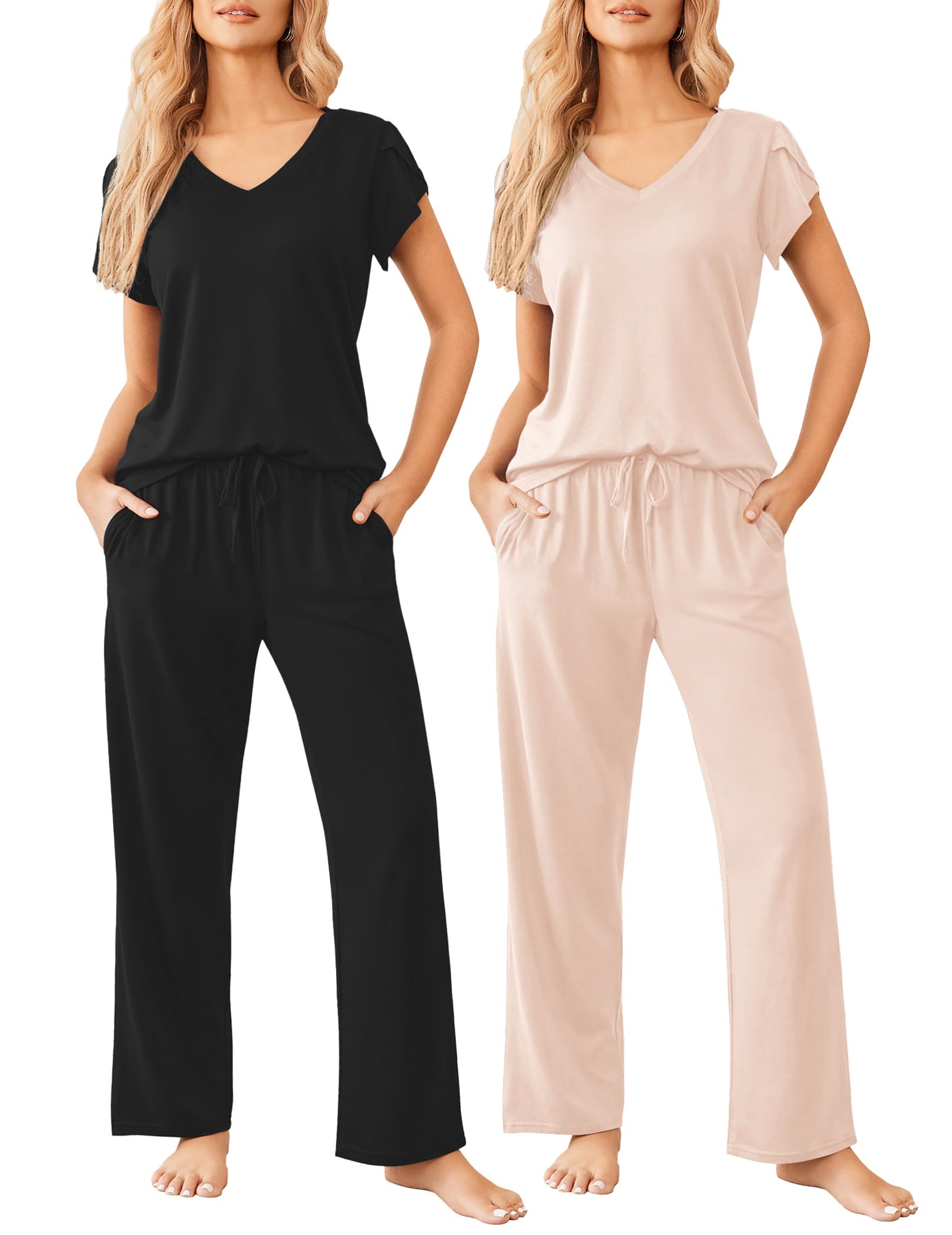 Ekouaer 2 Pack Womens Pajama Set Short Sleeve Sleepwear Soft Pjs Lounge Set