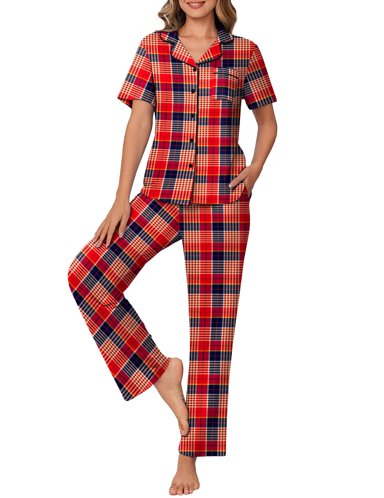 Ekouaer Womens Pajamas Set Short Sleeve Button Down Top & Pants Lounge Pjs