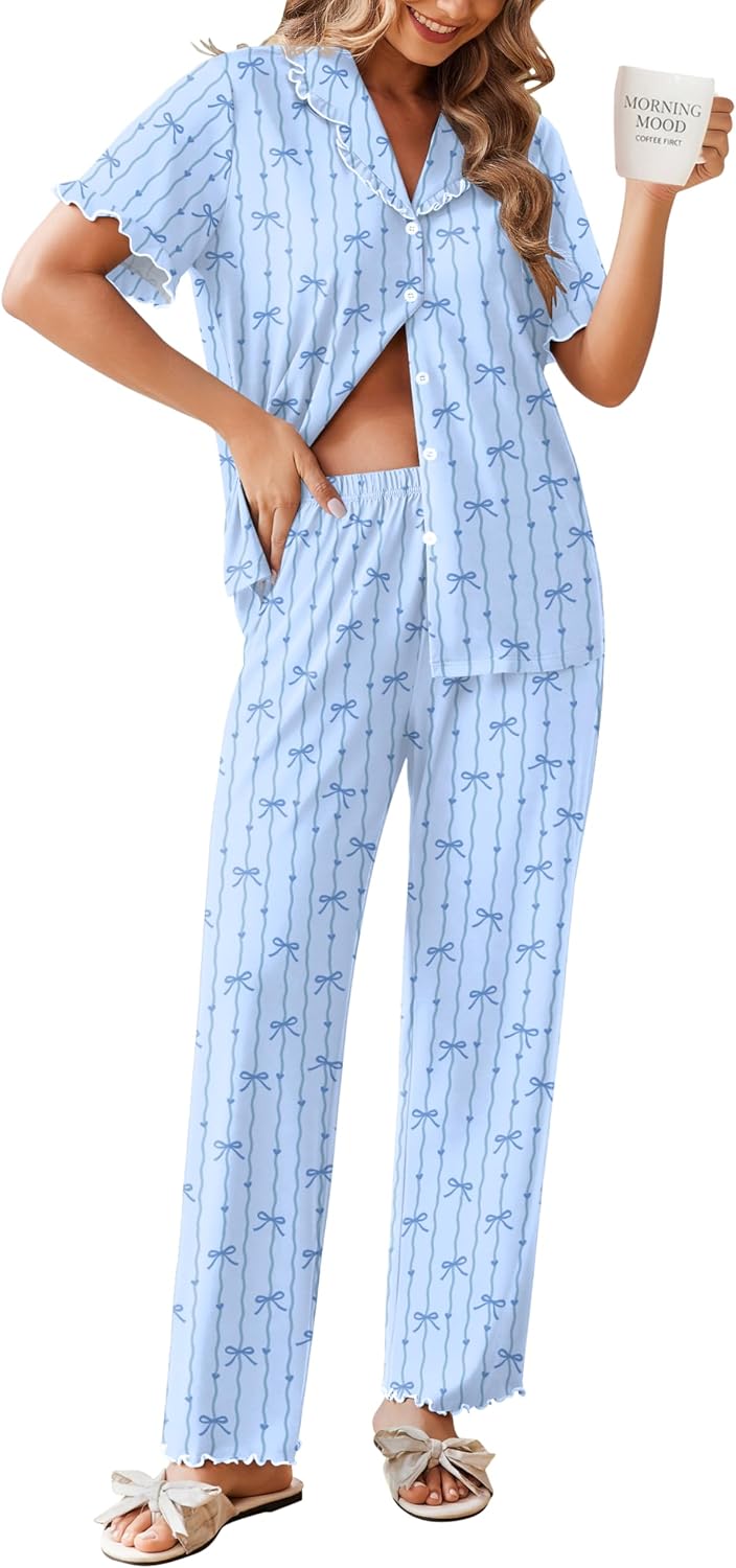 Ekouaer Womens Pajama Sets Short Sleeve Printed PJs Button Down Sleepwear