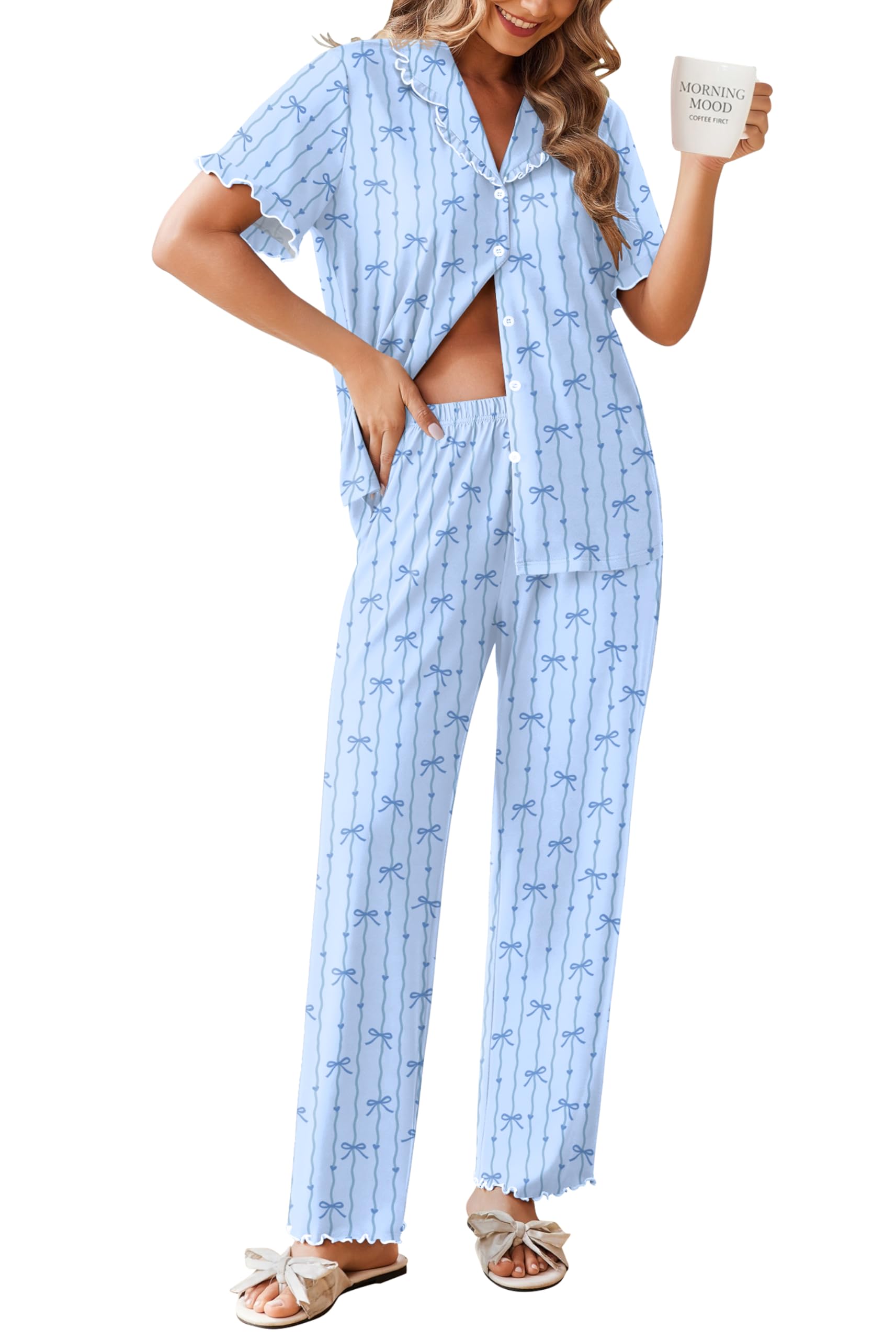 Ekouaer Womens Pajama Sets Short Sleeve Printed PJs Button Down Sleepwear