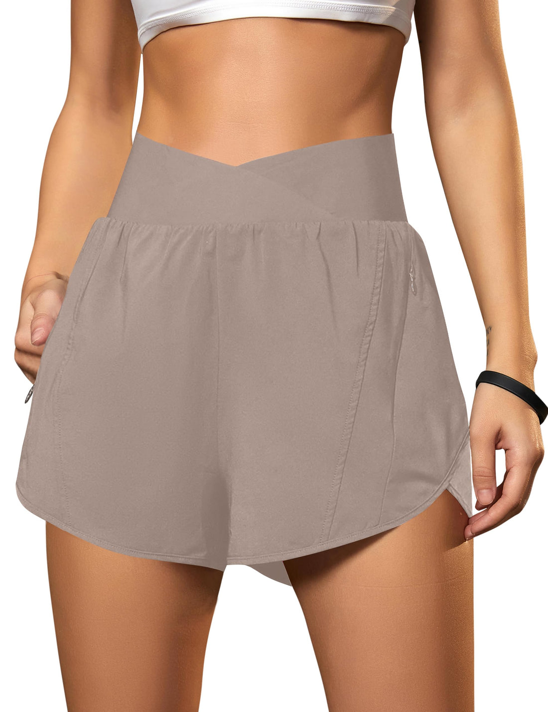 Blooming Jelly Women's Workout Shorts Athletic Running Shorts Crossover High Waisted Gym Shorts with Zipper Pockets