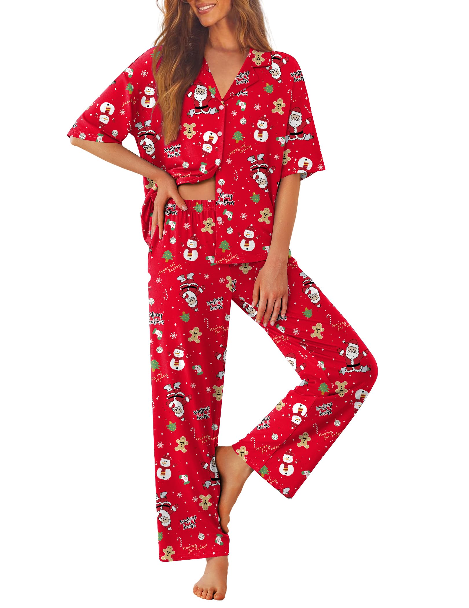 Ekouaer Women Pajamas Set Button Down Sleepwear Short Sleeve Pjs Long Pants