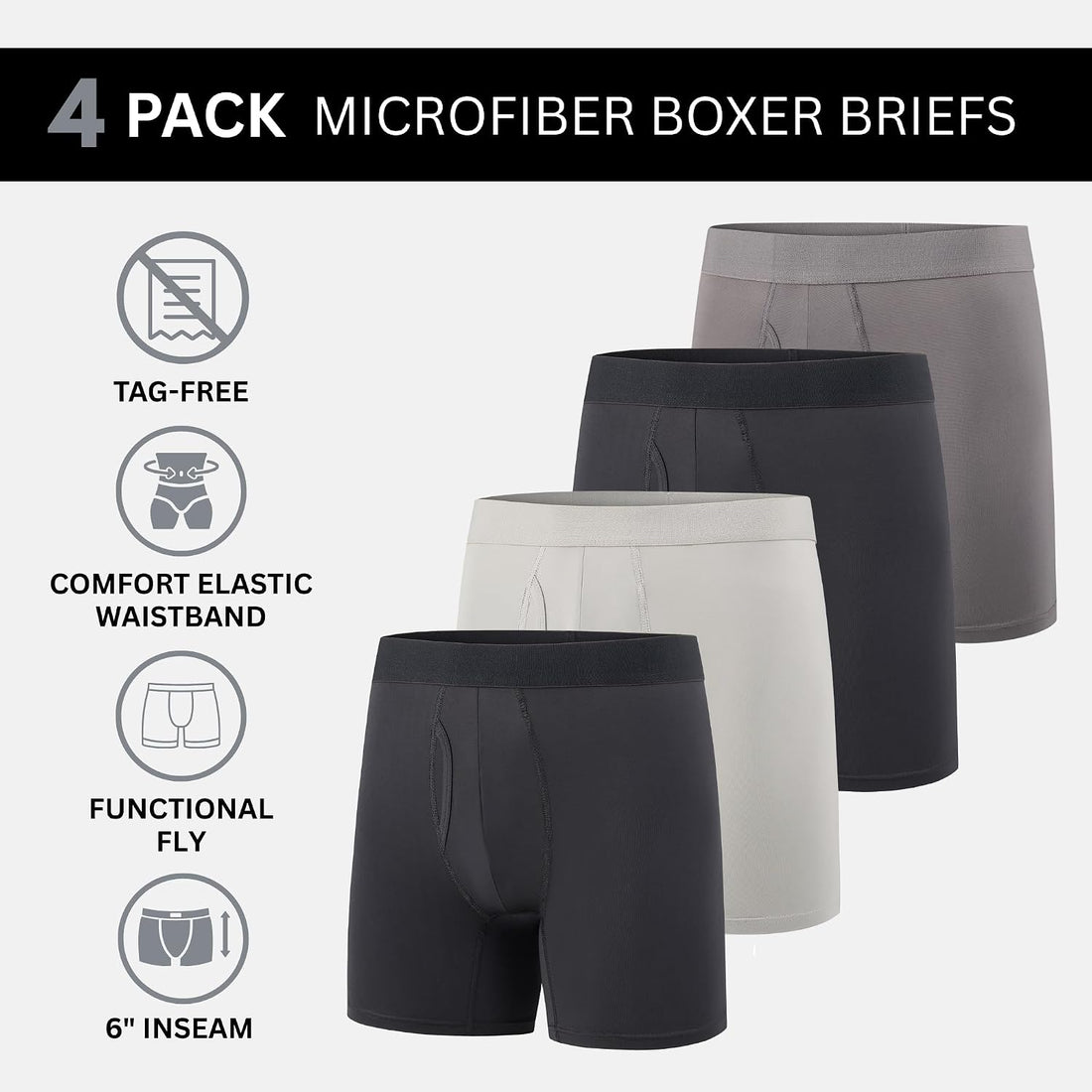 Mens Boxer Briefs, Pack of 4, Microfiber Moisture Wicking Tagless Underwear