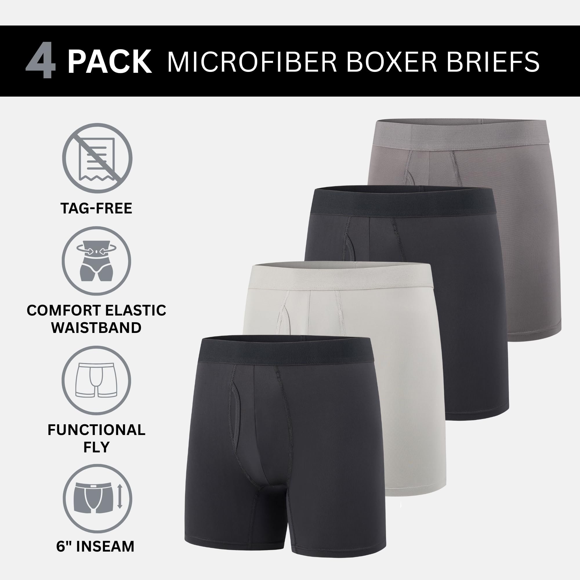 Mens Boxer Briefs, Pack of 4, Microfiber Moisture Wicking Tagless Underwear