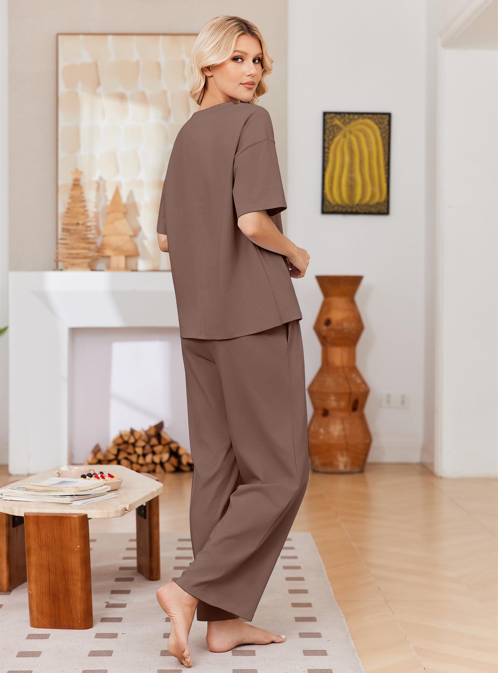 Ekouaer Womens Pajama Sets Cotton Short Sleeve Long Pants Lounge Set