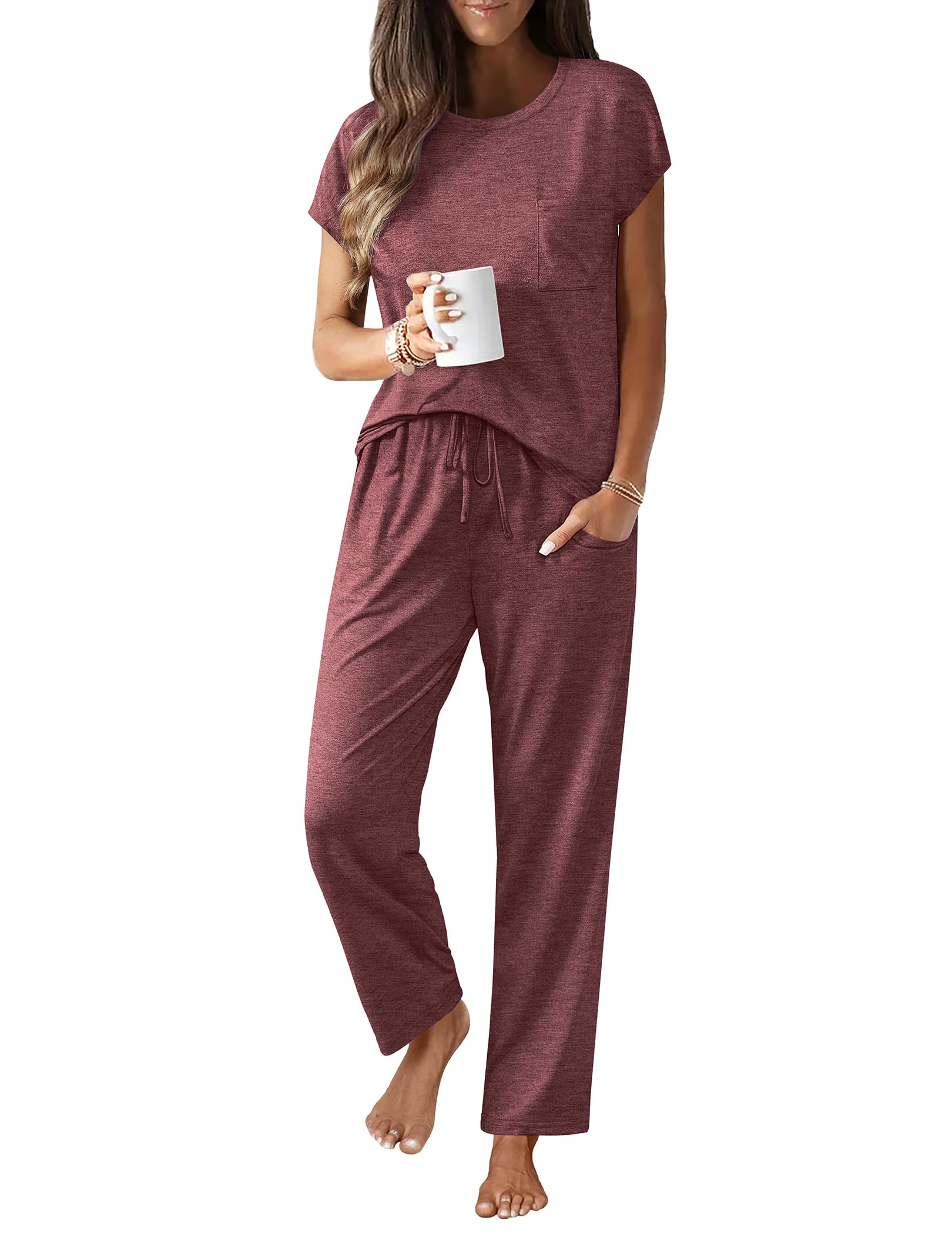 Ekouaer Womens Pajama Sets 2 Pcs Short Sleeve Lounge Set with Pockets
