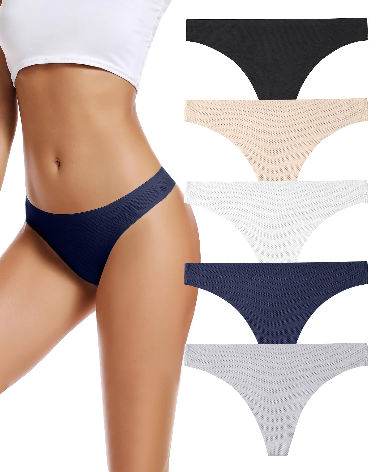 voenxe Seamless Women Underwear Thongs,No Show Ladies Workout Thong,5 Pack | Invisible Breathable Comfortable Mesh Panties,No Seam Soft Low Rise Cut Athletic Undies for Sports Gym Running Exercise Work