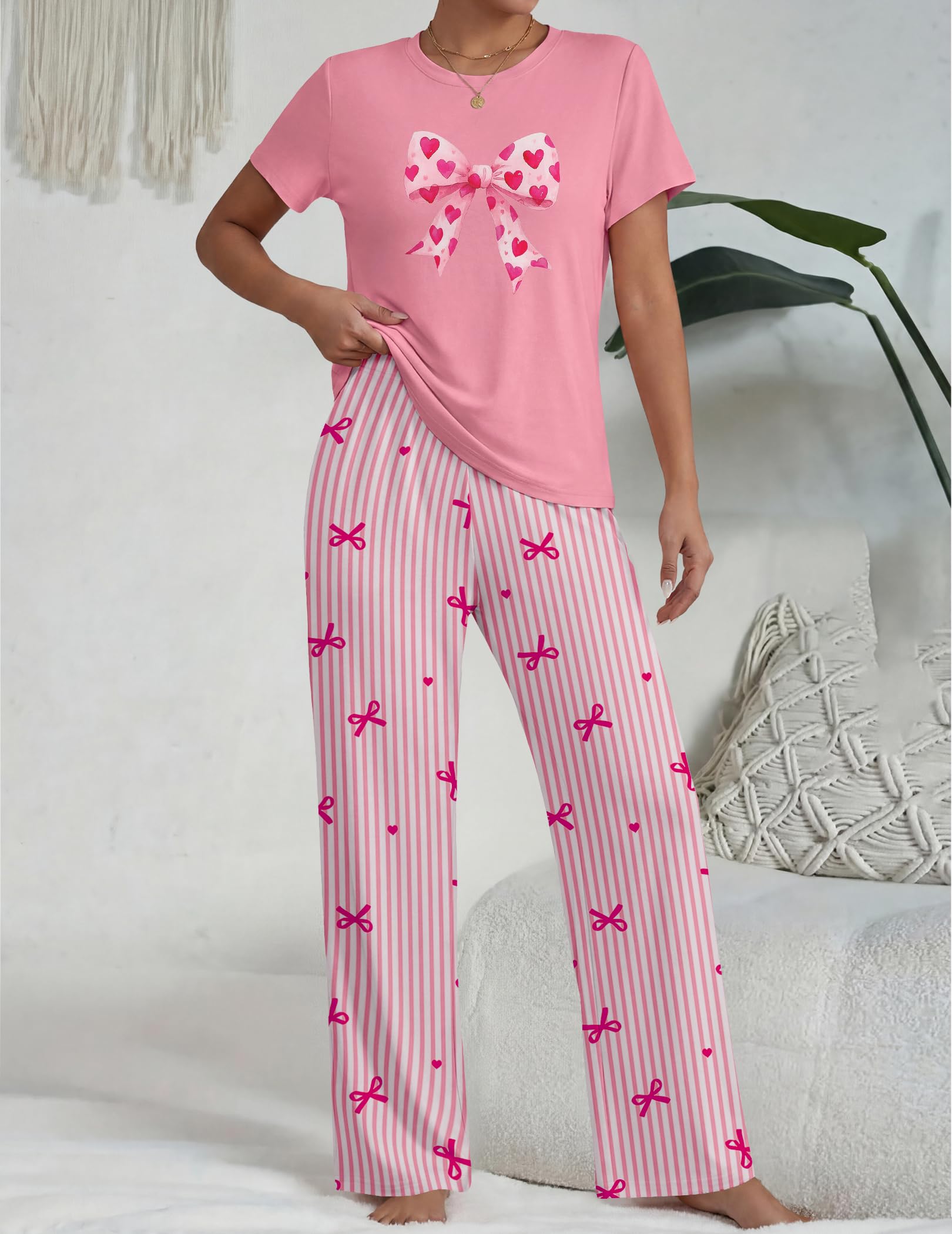 Ekouaer Pajama Set for Women 2 Piece Pjs Short Sleeve Top and Printed Pants