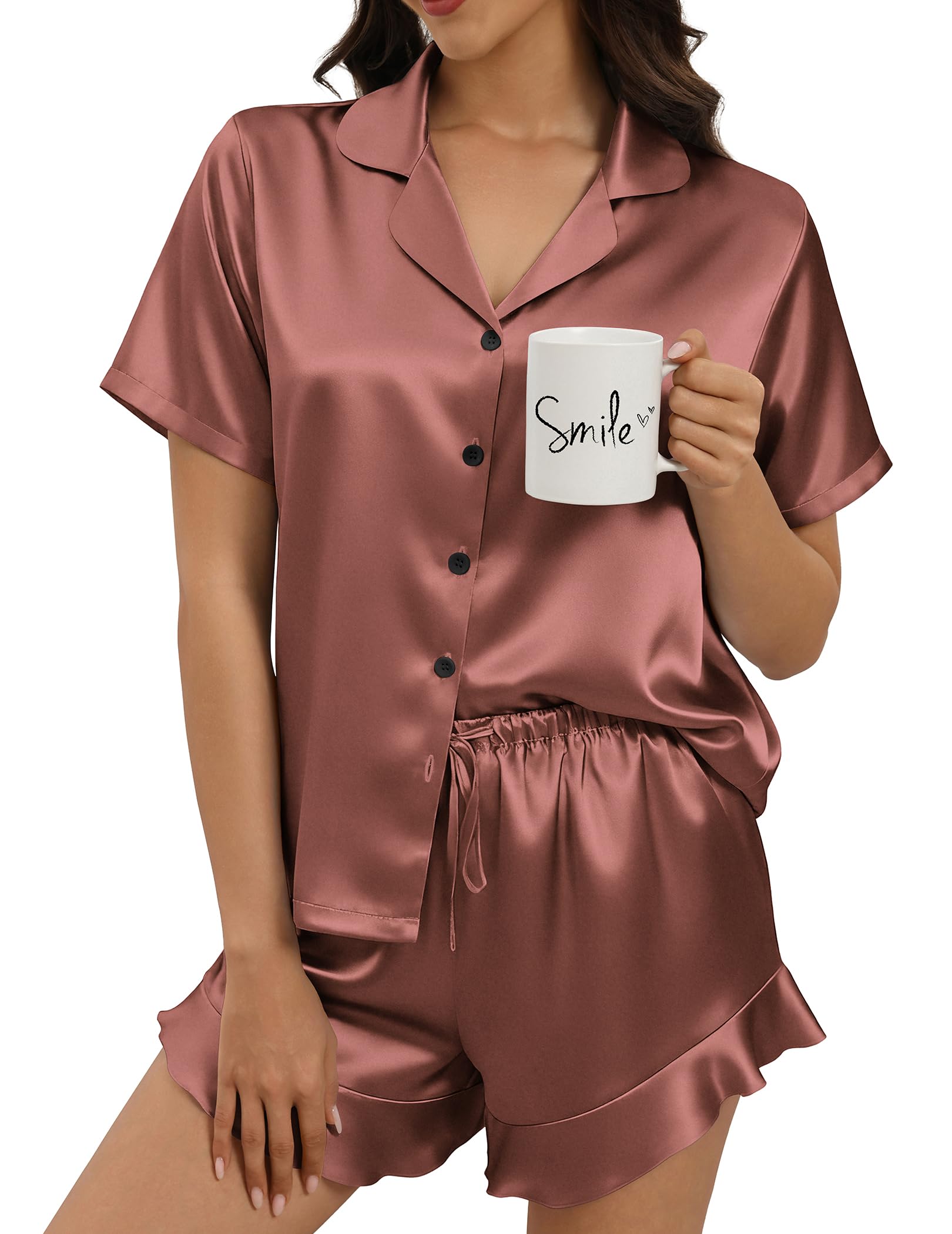 Silk Pajamas for Women Button Down 2 Piece Satin Pjs Shorts Set Ruffle Notch Collar Sleepwear Loungewear