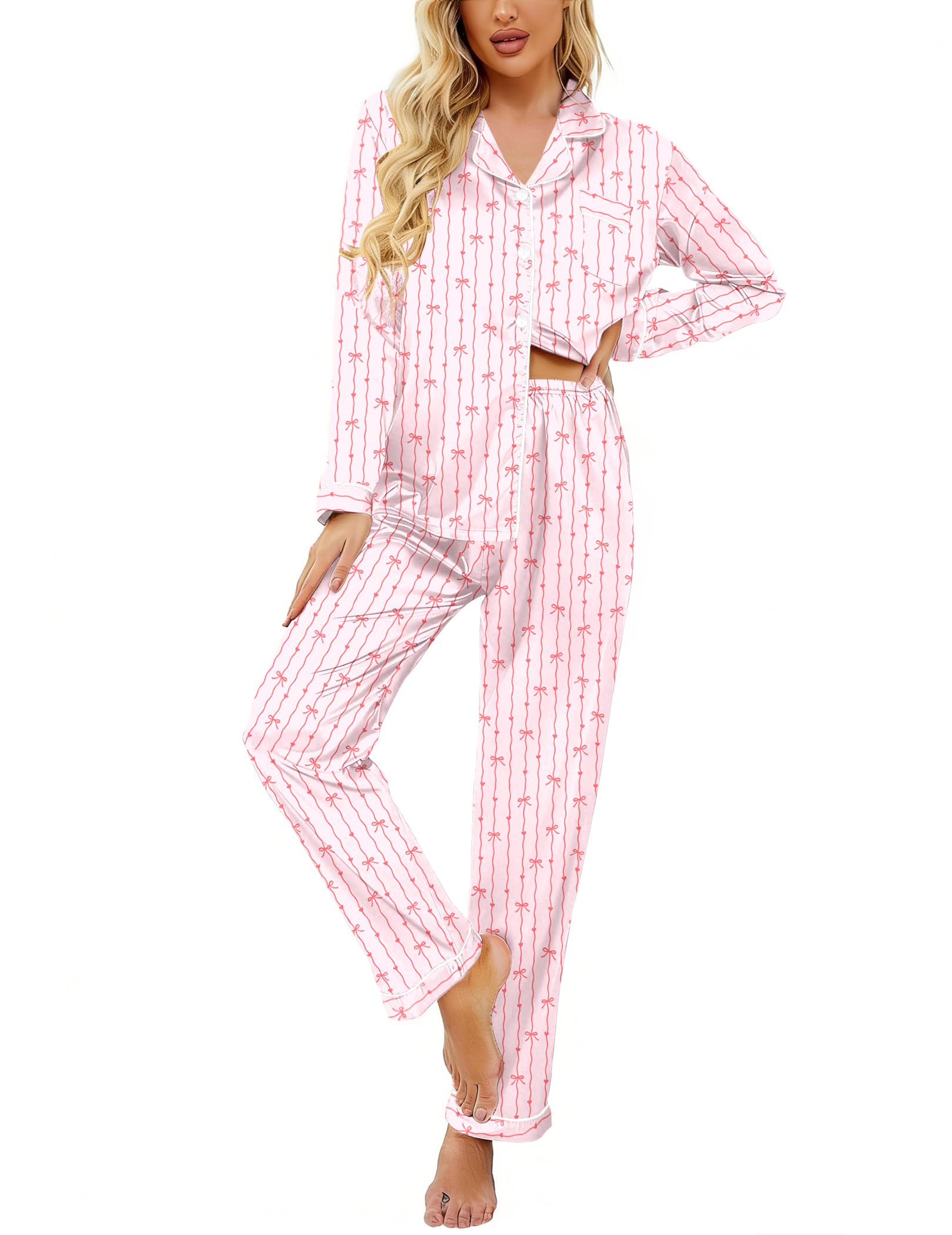 Ekouaer Women's Classic Button Down Long Satin Silk Pajama Set