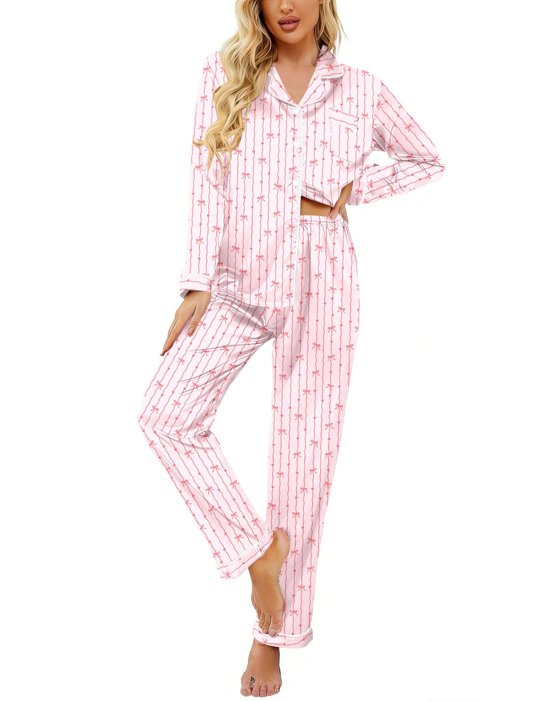 Ekouaer Women's Classic Button Down Long Satin Silk Pajama Set