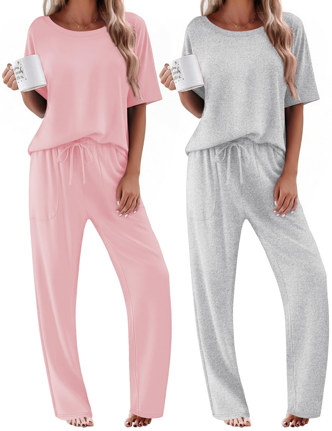 Ekouaer 2 Pack Womens Pajamas Sets Short Sleeve Long Pants Pjs Lounge Set