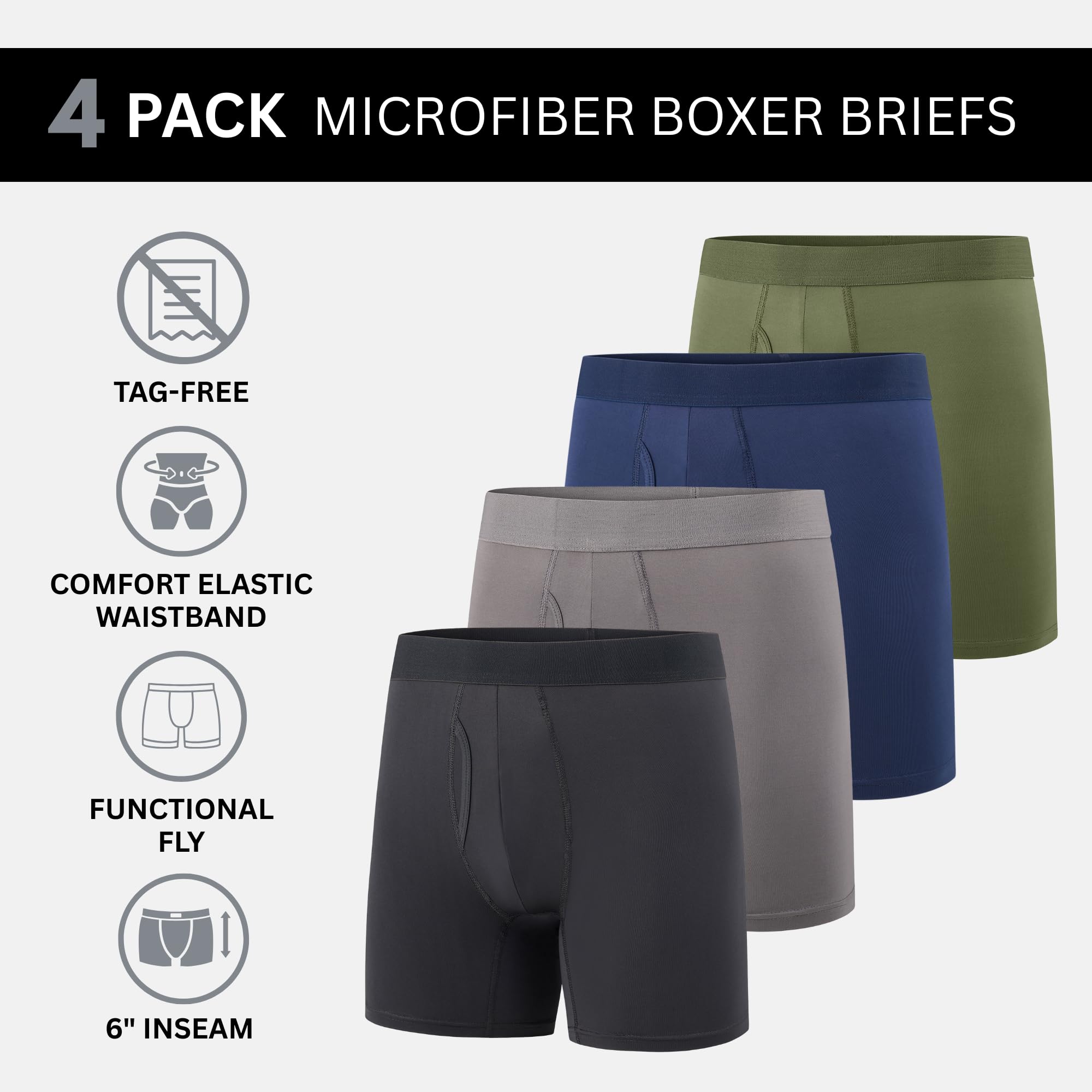 Mens Boxer Briefs, Pack of 4, Microfiber Moisture Wicking Tagless Underwear