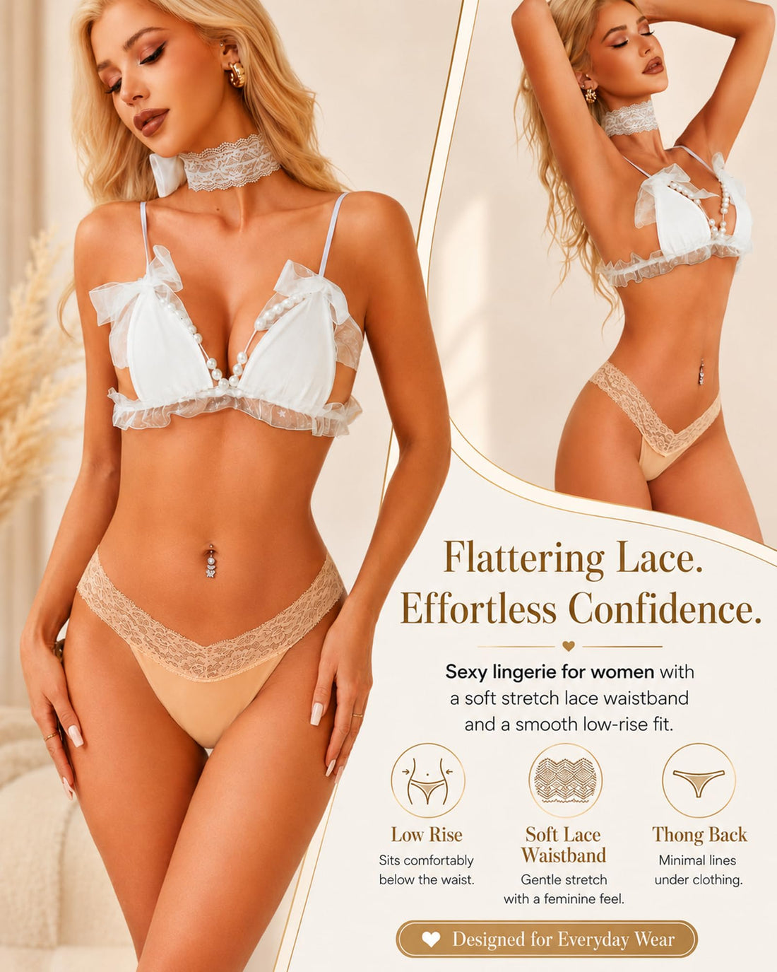 READY TO LOVE Cotton Underwear for Women Lace Sexy Soft Thongs Low Rise T-Back Lingerie Stretchy Ladies Panties