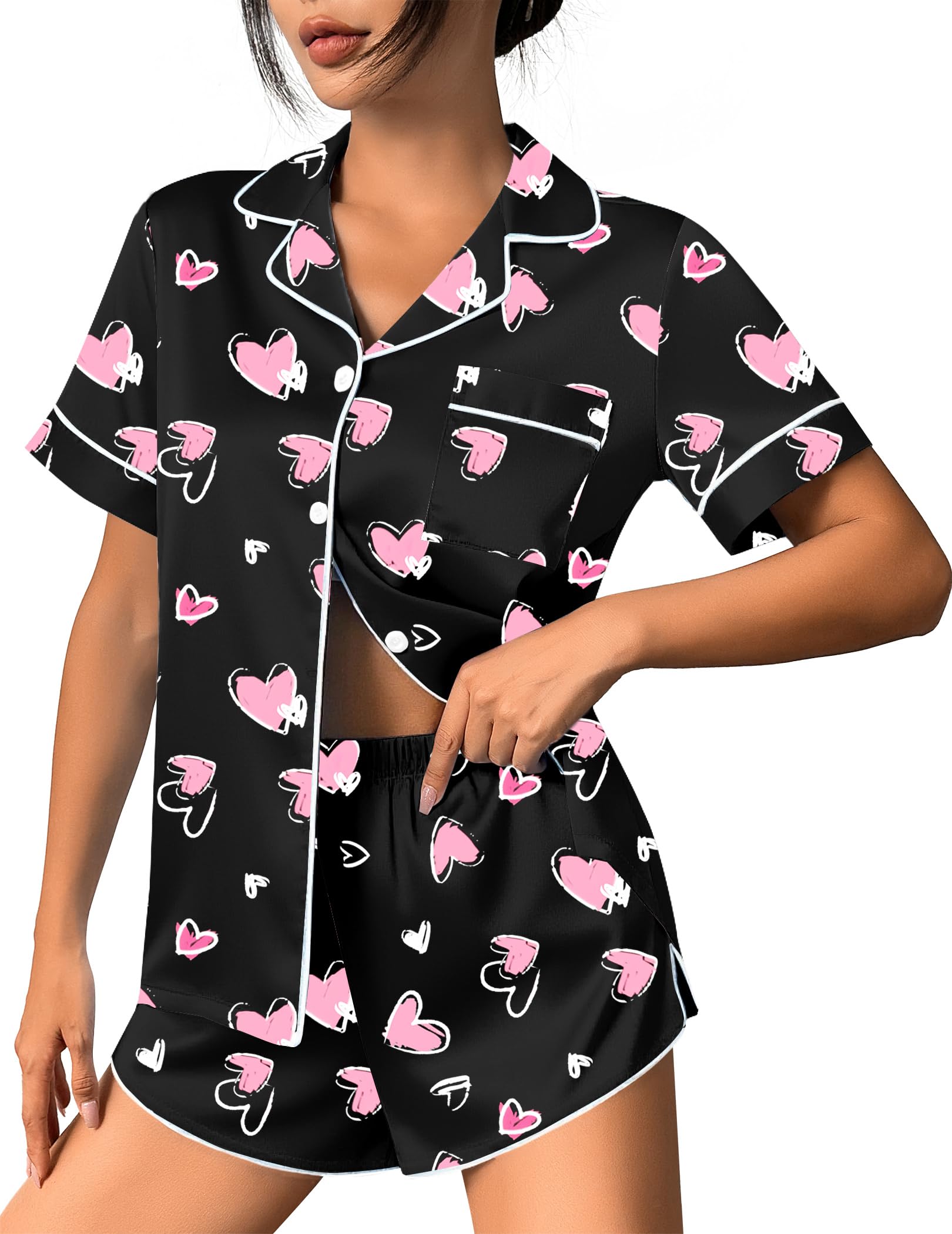 Ekouaer Womens Silk Satin Pajama Set Print Short Sleeve Sleepwear Button Down Pjs Shorts Set Loungewear
