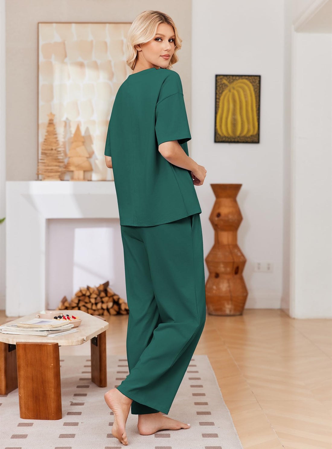 Ekouaer Womens Pajama Sets Cotton Short Sleeve Long Pants Lounge Set