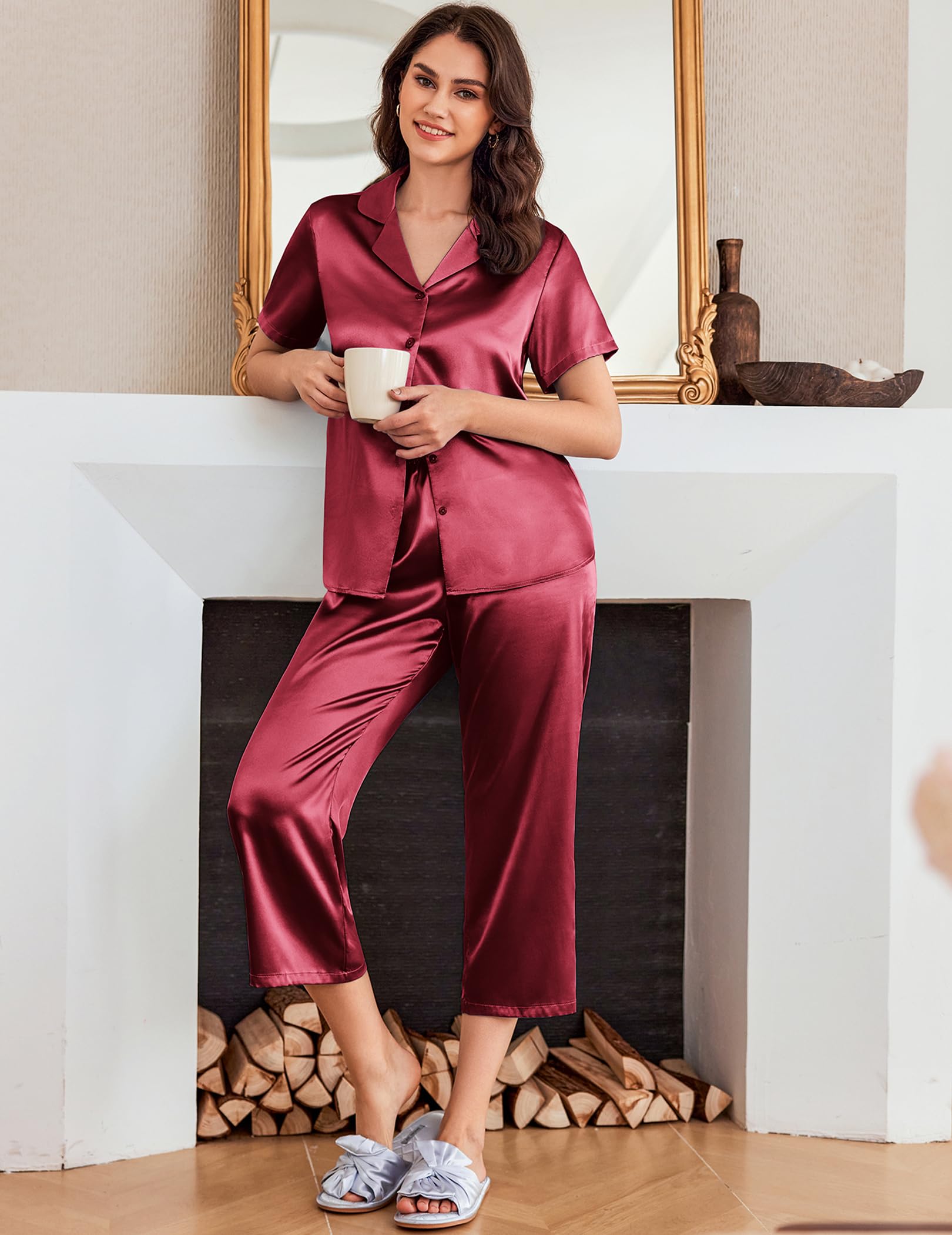 Ekouaer Womens Satin Silky Capri Pajamas Short Sleeve Button Down Sleepwear
