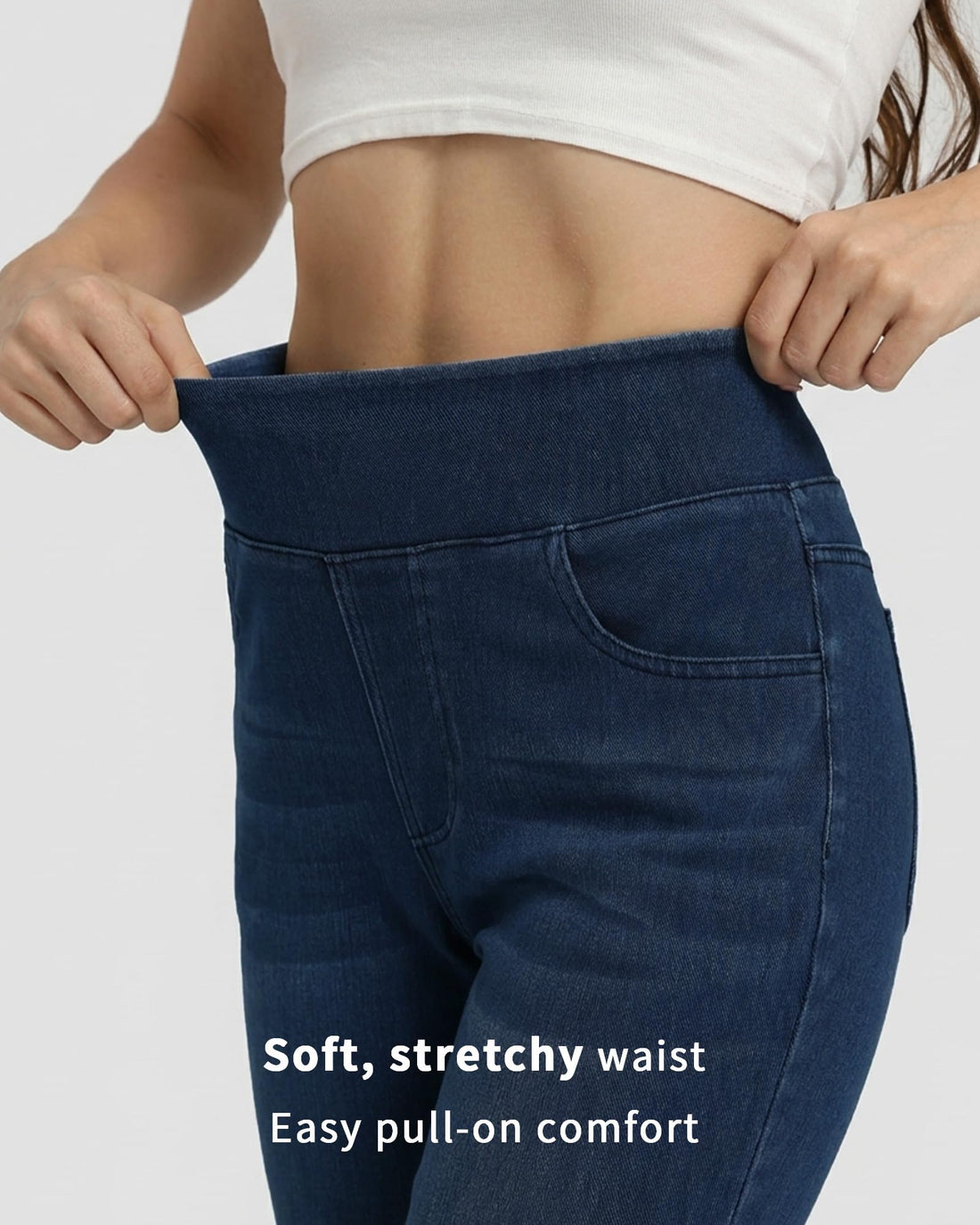 Pull on Straight Leg Jeans for Women Stretchy Sweatpant Jeans Elastic High Waist Tummy Control Trendy Denim Pants