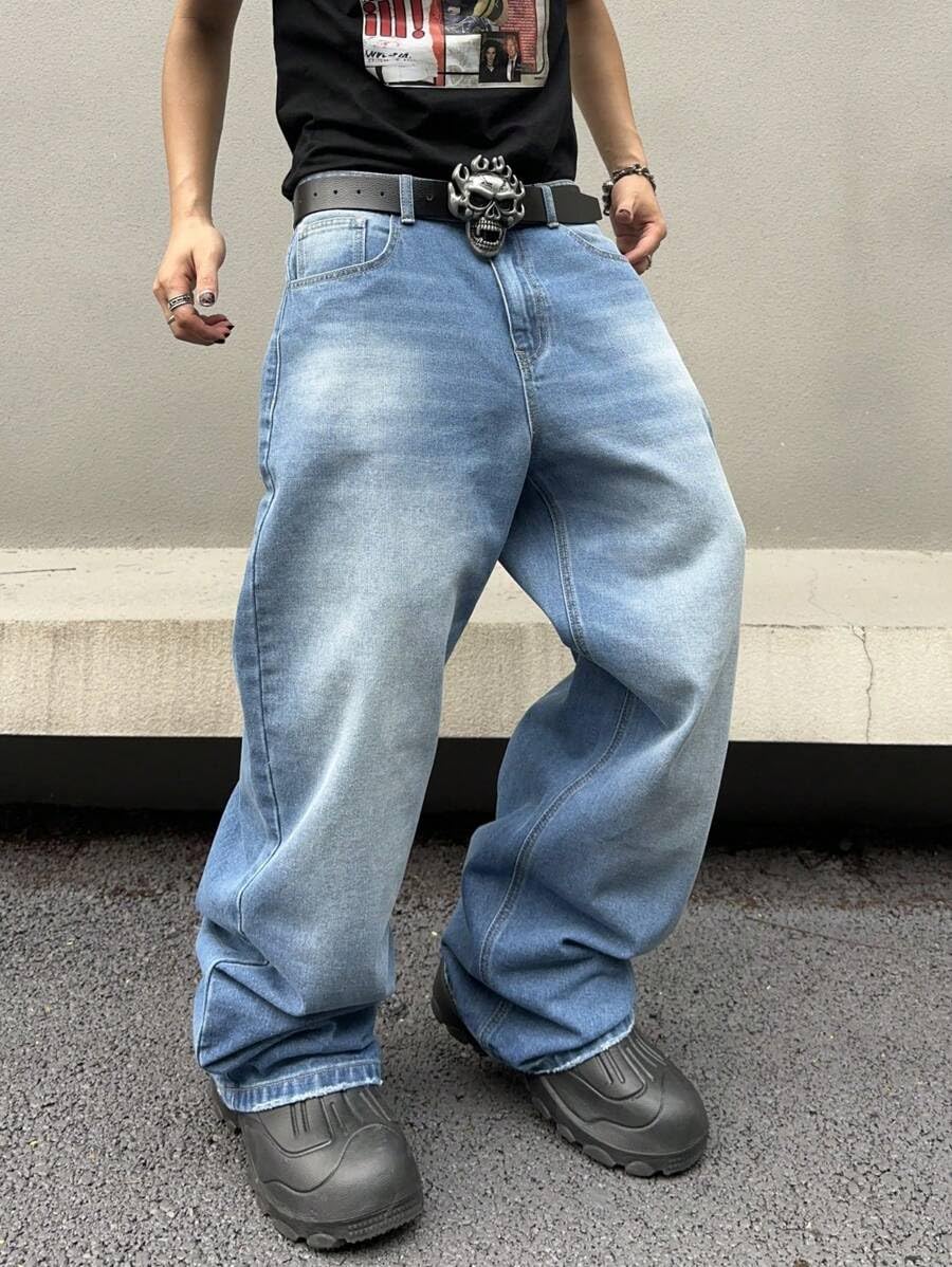 HUNGSON Mens Baggy Jeans for Men Women Y2k Skater Vintage Plain Pants Casual Wide Leg Jeans Loose Fit Denim Jeans