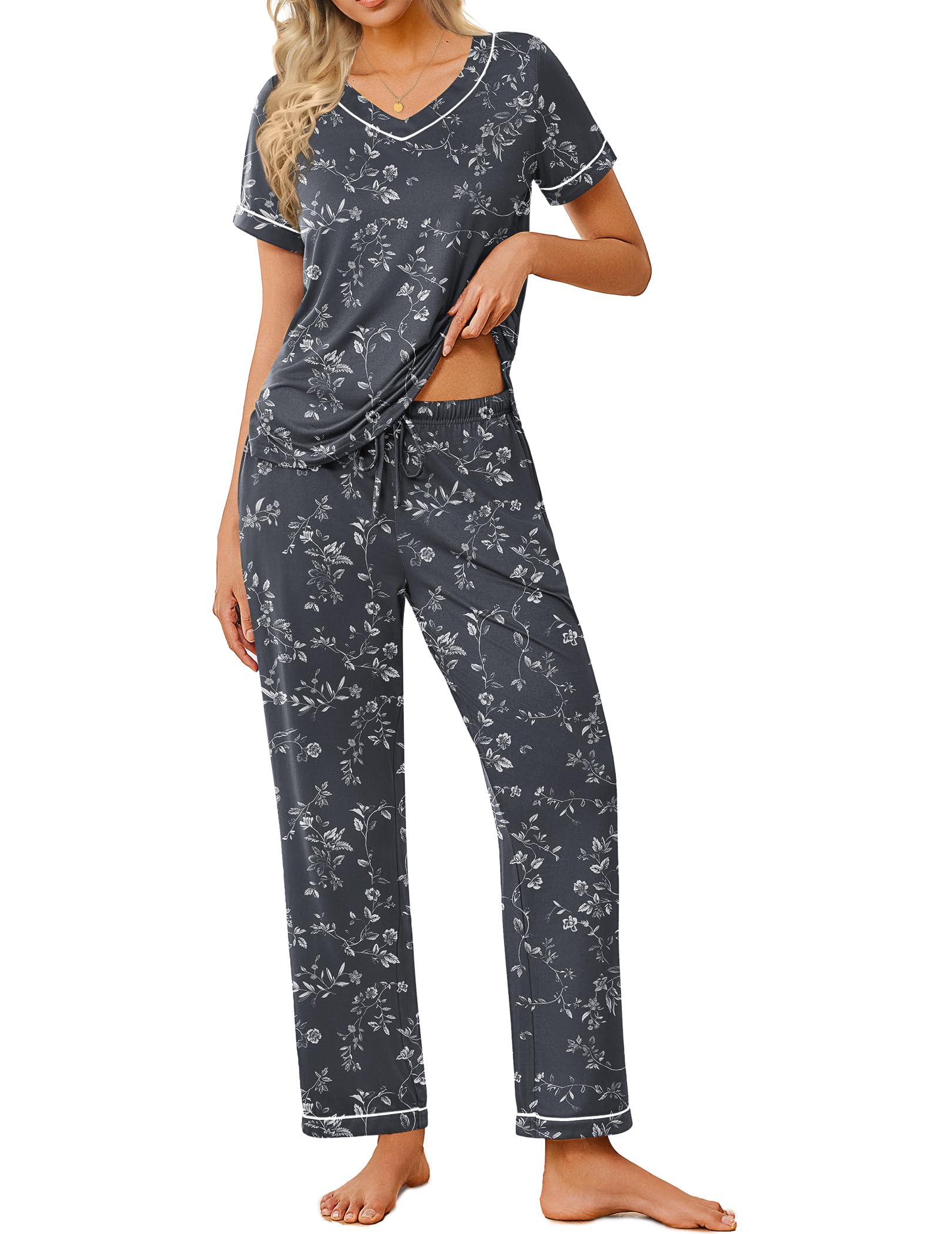 Ekouaer Pajamas for Women Set 2 Piece Lounge Set Soft Pajama Sets Short Sleeve and Pants Pj Sets Loose Sleepwear with Pockets