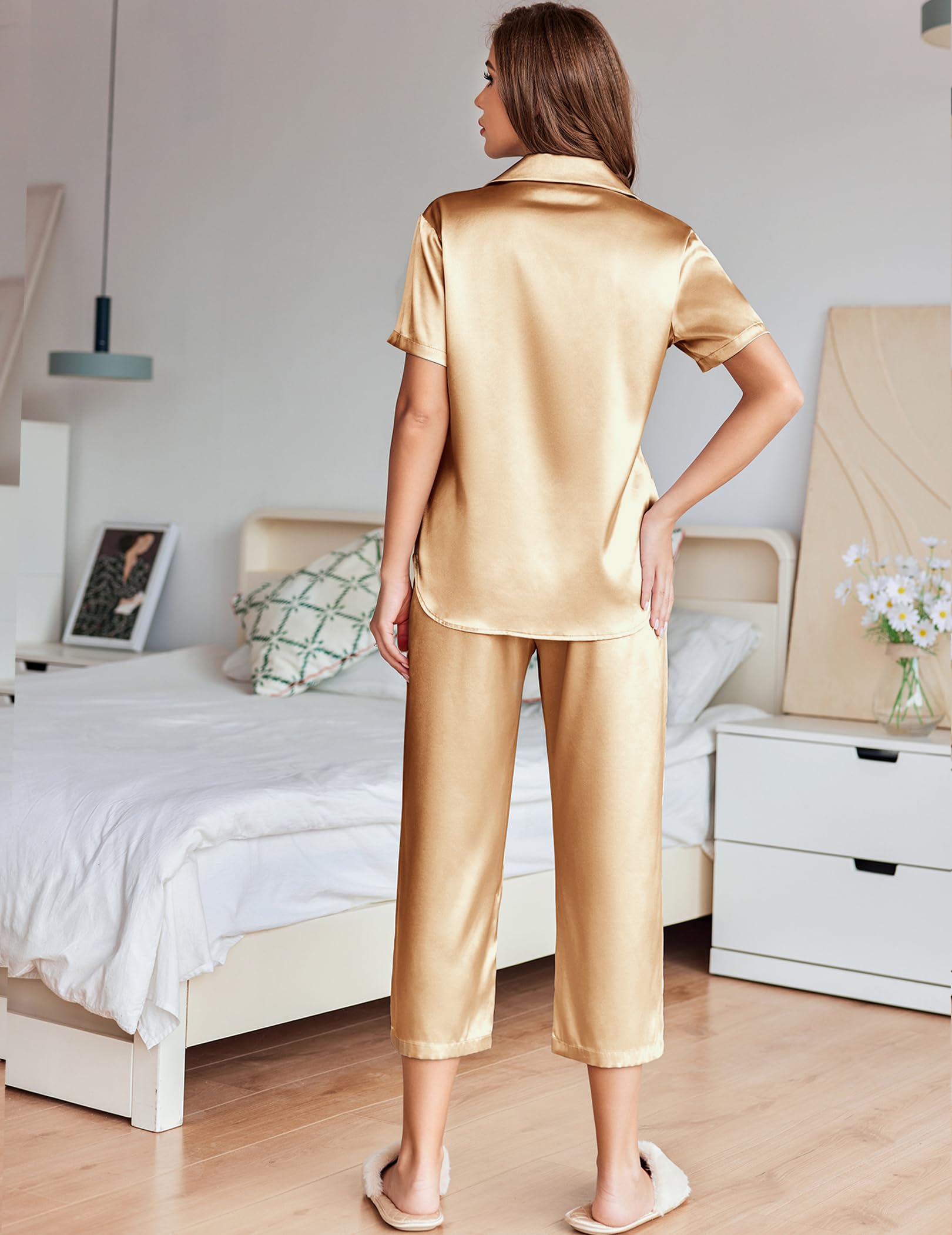 Ekouaer Womens Satin Silky Capri Pajamas Short Sleeve Button Down Sleepwear