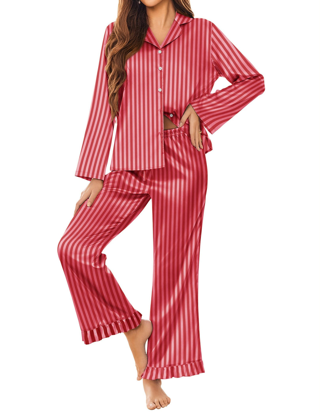 Ekouaer Satin Pajama Set for Women Long Button Down Silk Pj with Ruffle