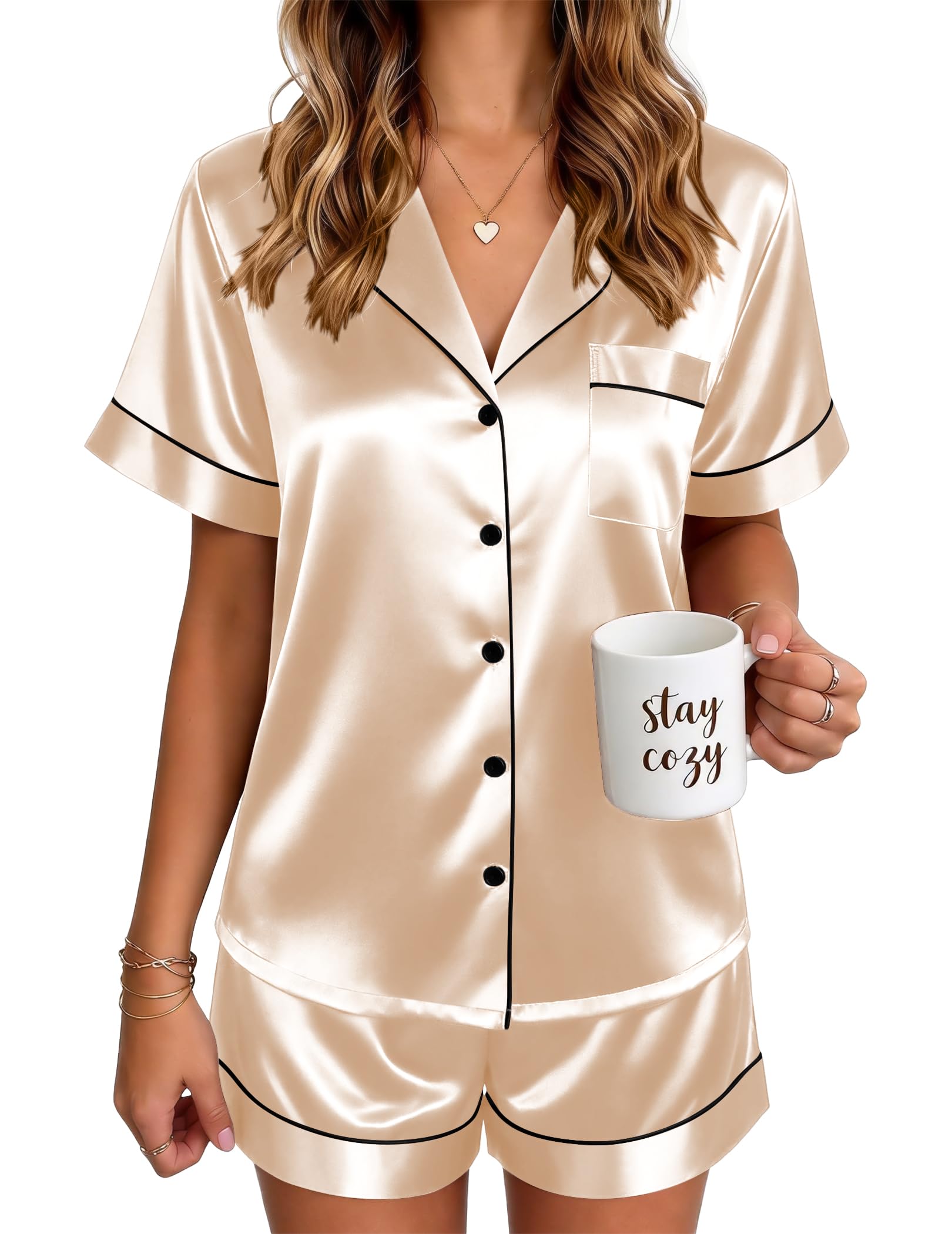 Ekouaer Satin Pajamas for Women Silk Pjs Short Set 2 Piece Lounge Sets